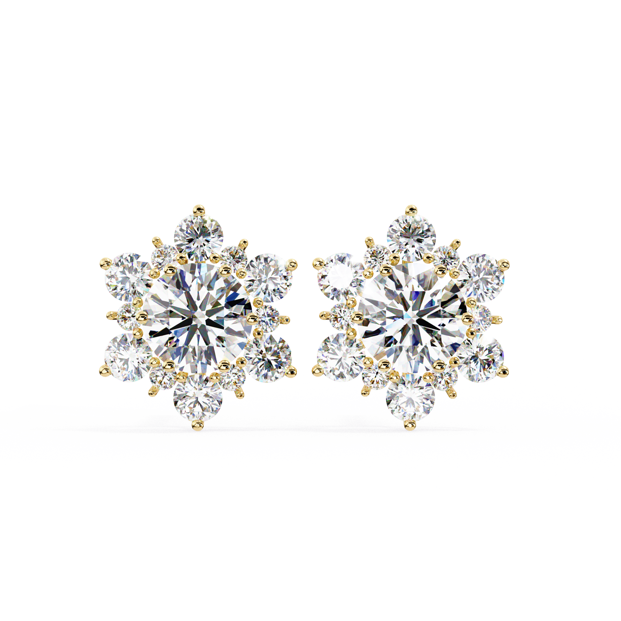 Floral Starburst Diamond Cluster Stud Earrings in Yellow Gold
