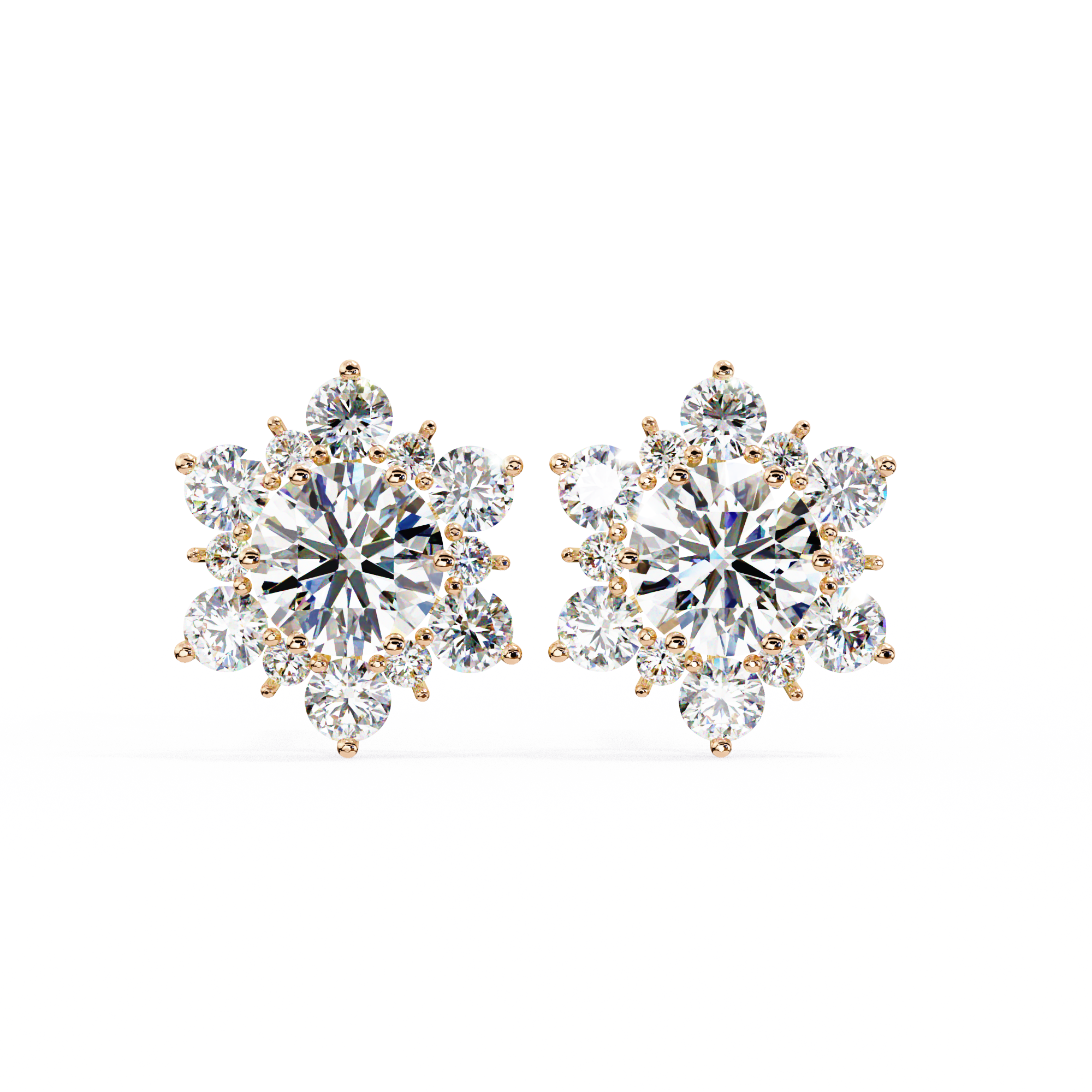 Floral Starburst Diamond Cluster Stud Earrings in Yellow Gold