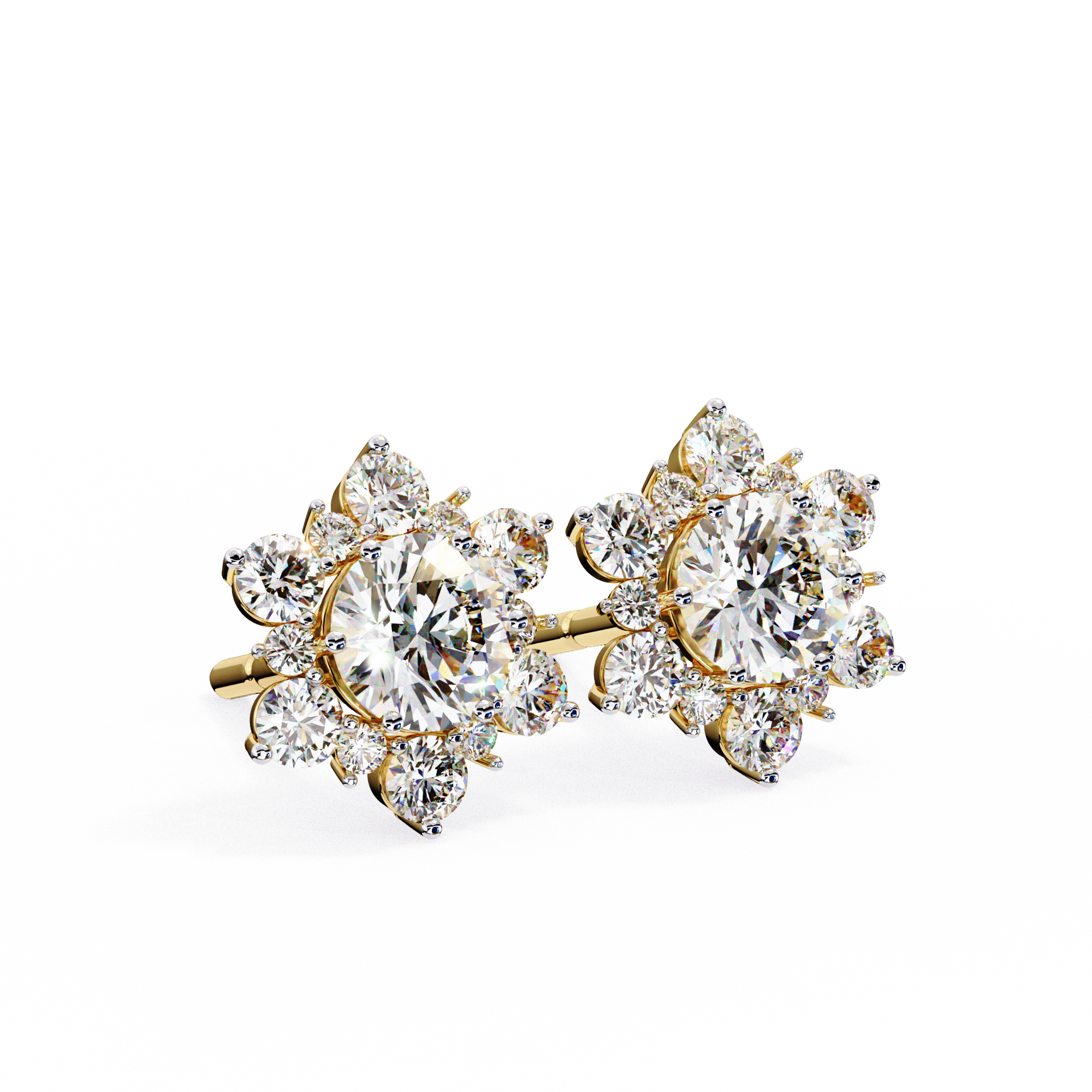 Floral Starburst Diamond Cluster Stud Earrings in Yellow Gold