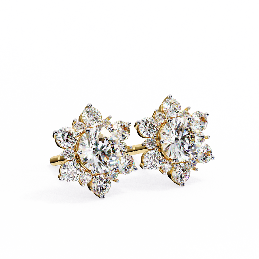 Floral Starburst Diamond Cluster Stud Earrings in Yellow Gold