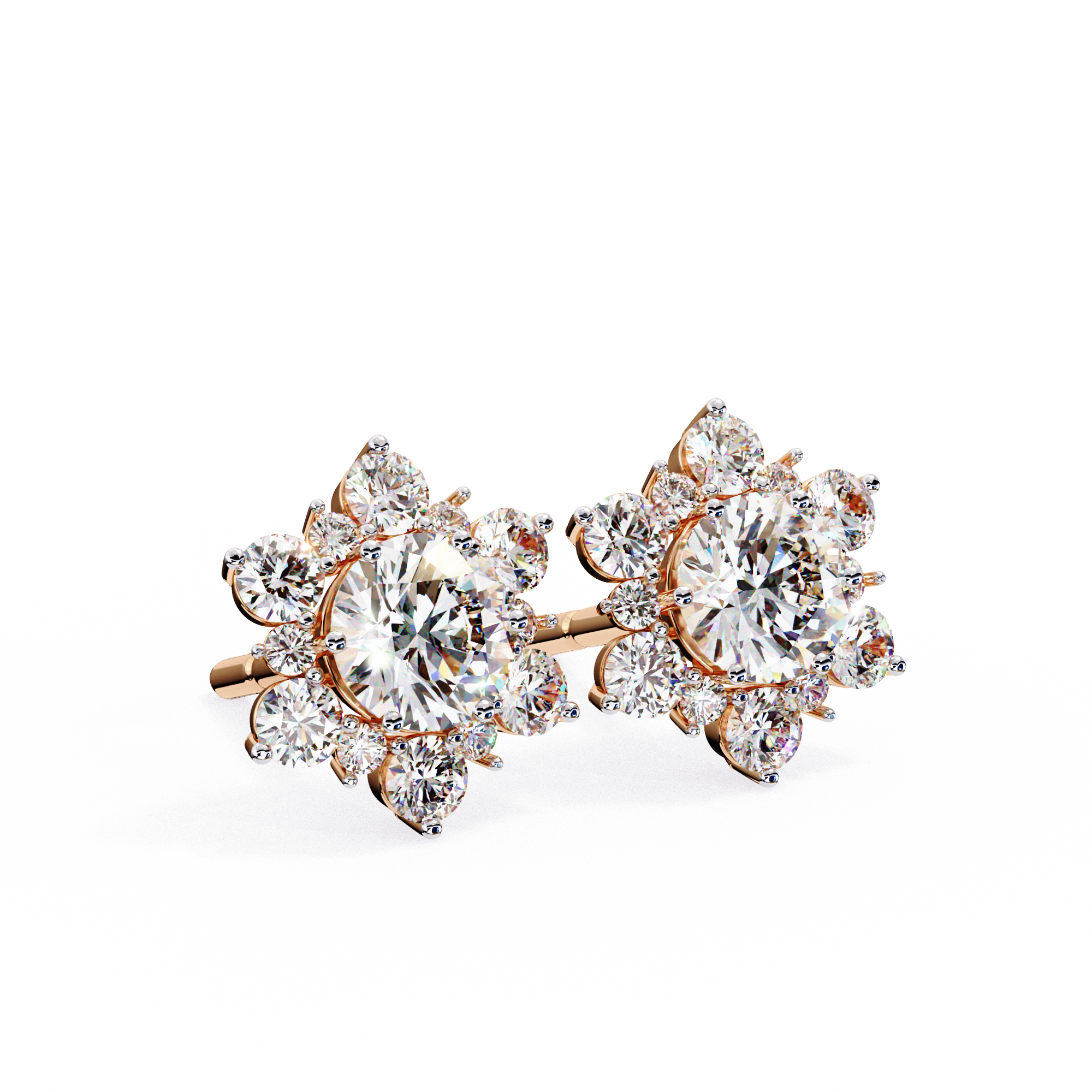 Floral Starburst Diamond Cluster Stud Earrings in Yellow Gold