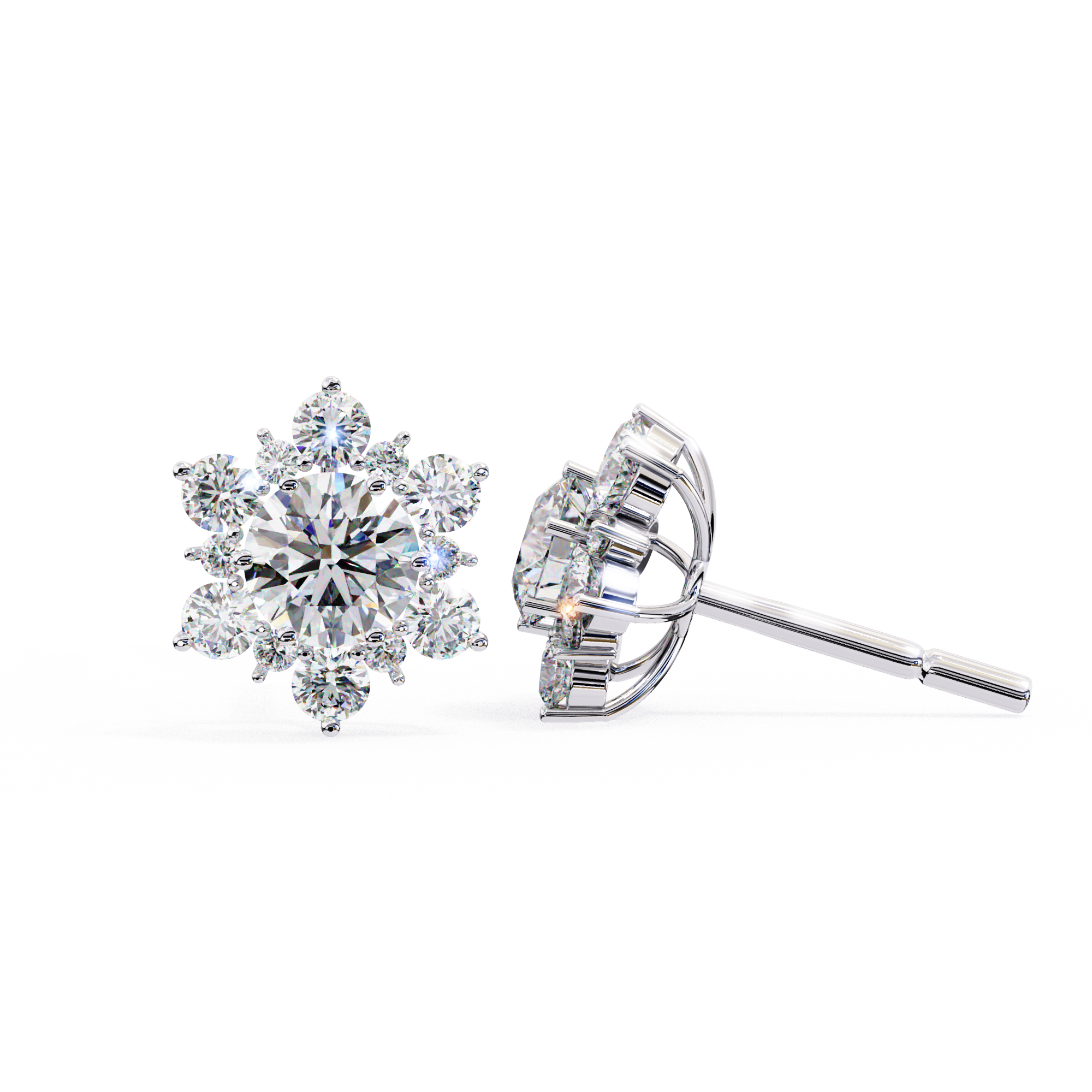 Floral Starburst Diamond Cluster Stud Earrings in Yellow Gold