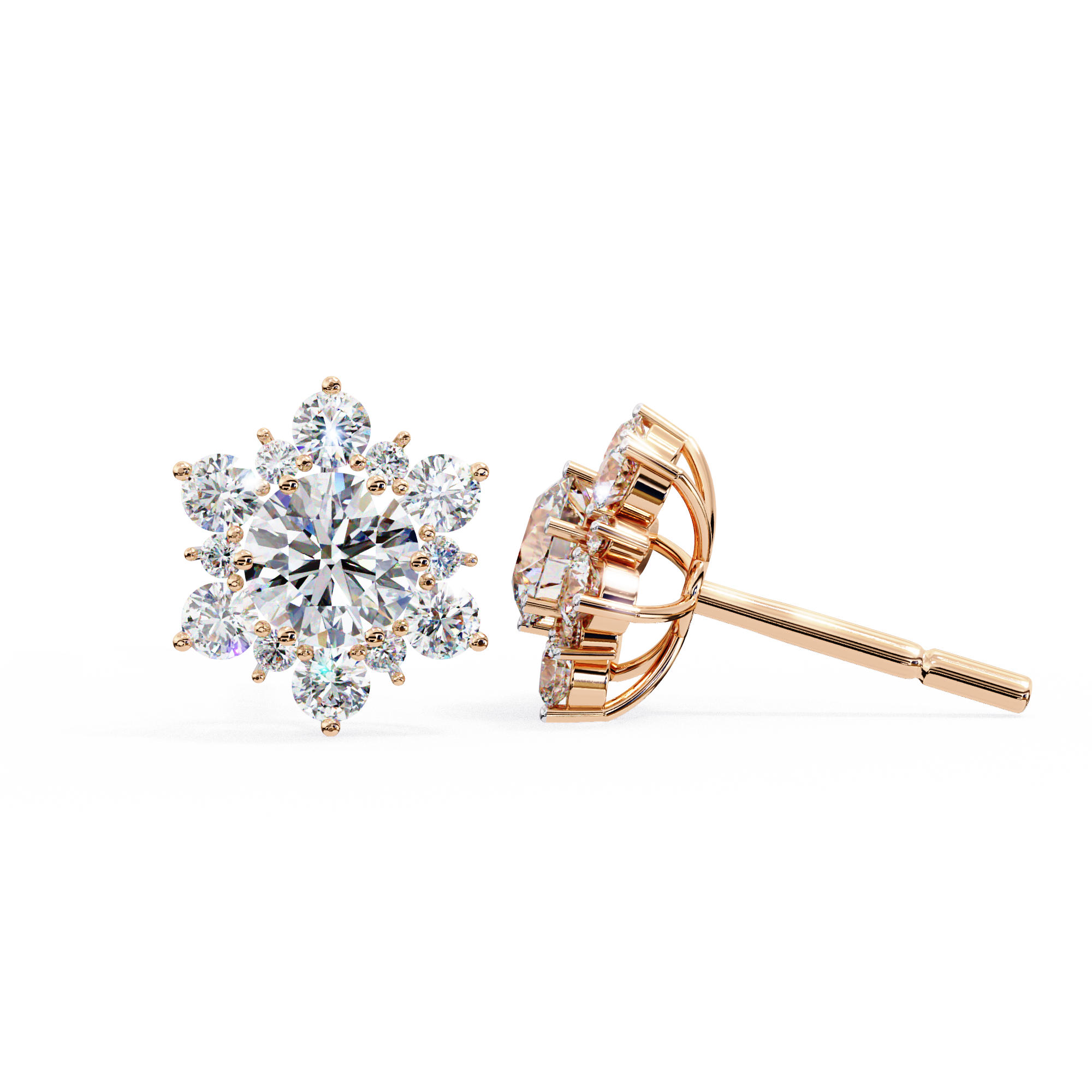 Floral Starburst Diamond Cluster Stud Earrings in Yellow Gold