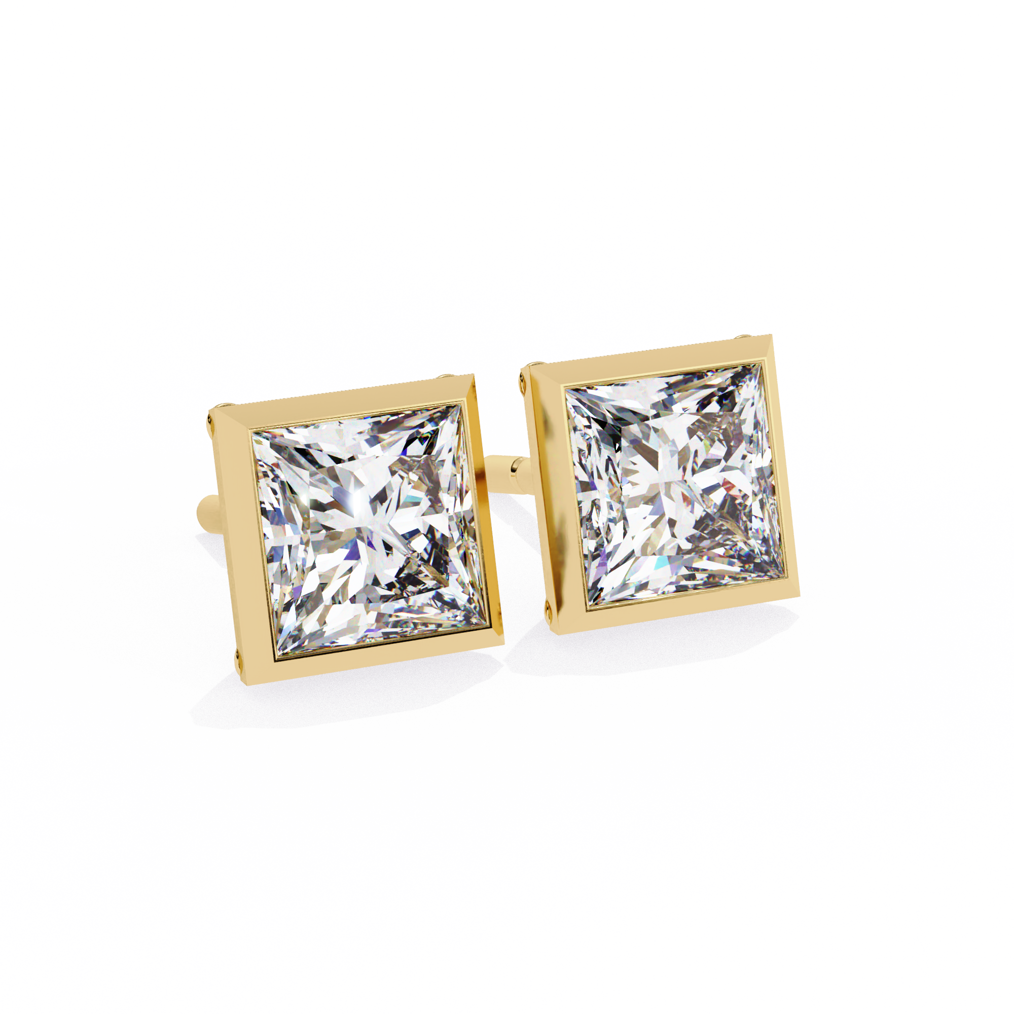 Bezel Set Princess Cut Diamond Stud Earrings in Yellow Gold