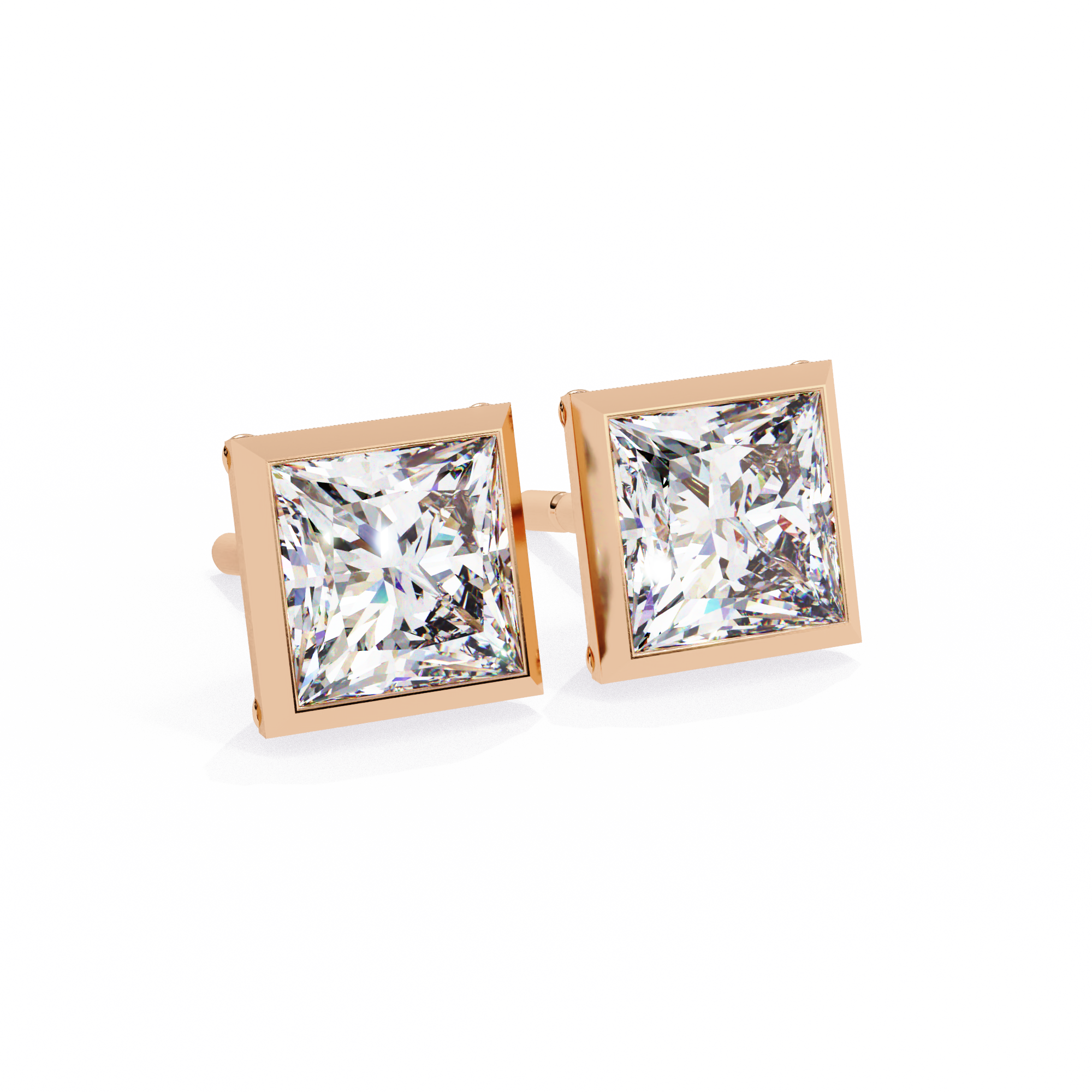 Bezel Set Princess Cut Diamond Stud Earrings in Yellow Gold