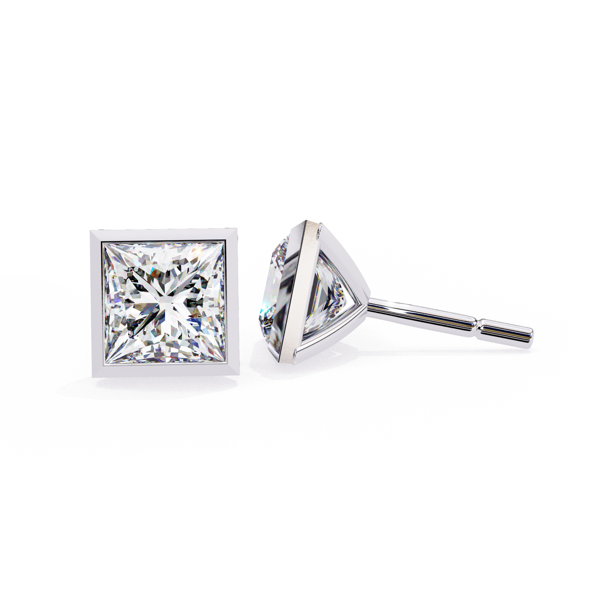 Bezel Set Princess Cut Diamond Stud Earrings in Yellow Gold