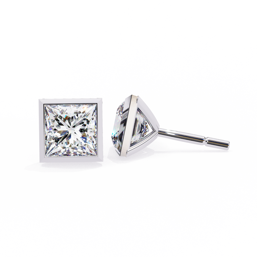 Bezel Set Princess Cut Diamond Stud Earrings in Yellow Gold