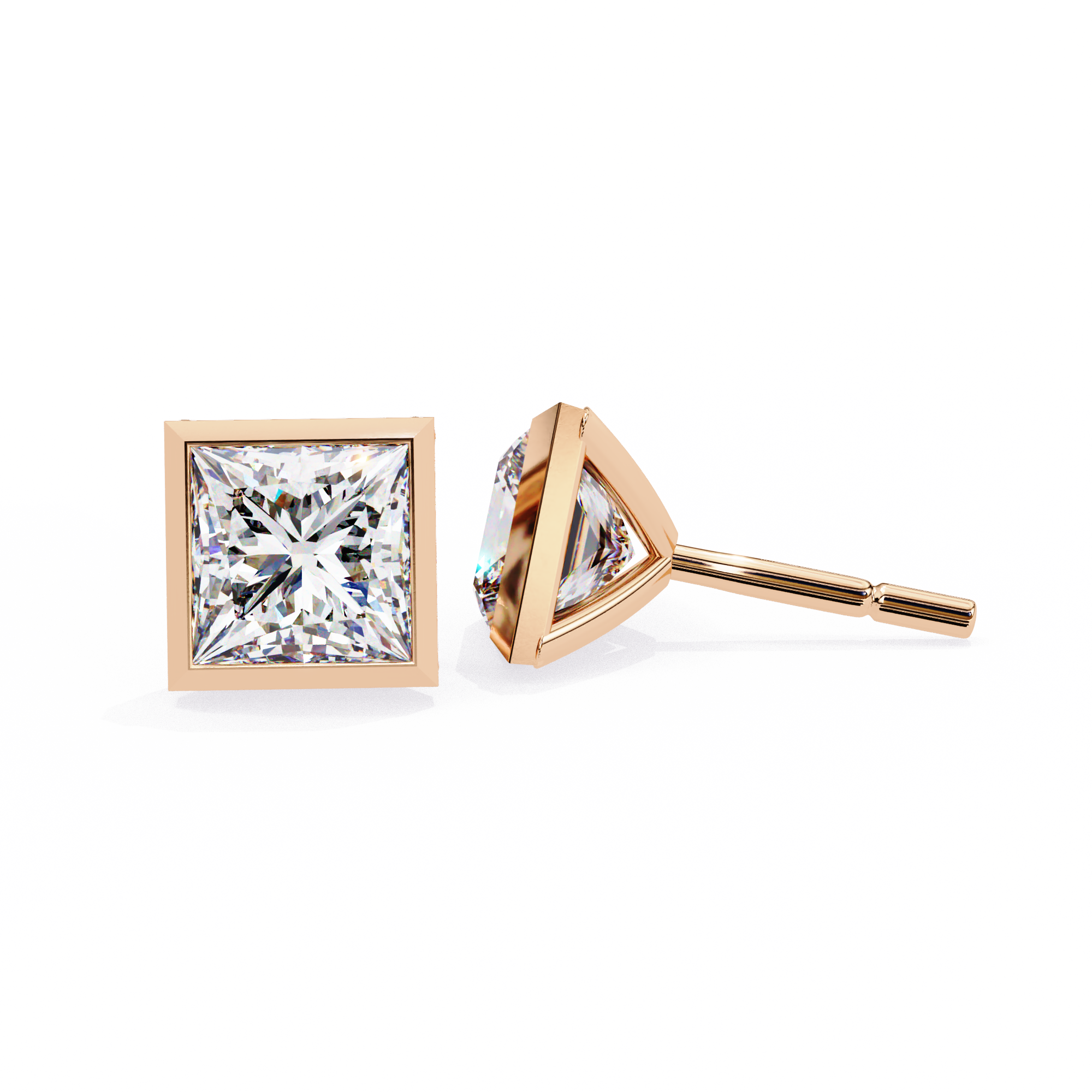 Bezel Set Princess Cut Diamond Stud Earrings in Yellow Gold