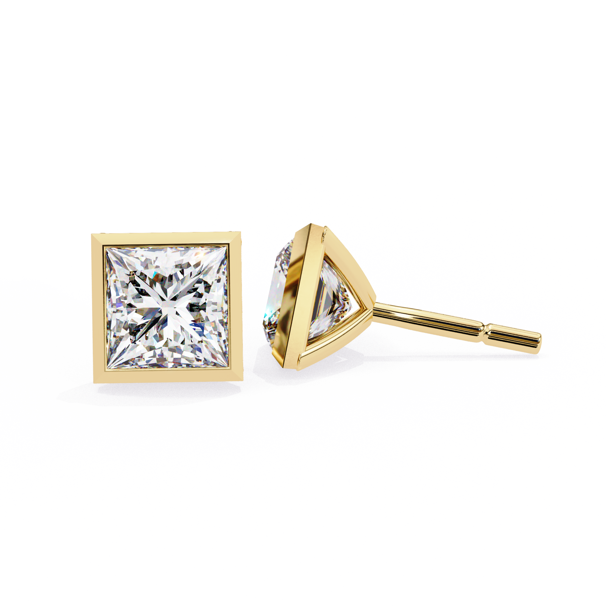 Bezel Set Princess Cut Diamond Stud Earrings in Yellow Gold