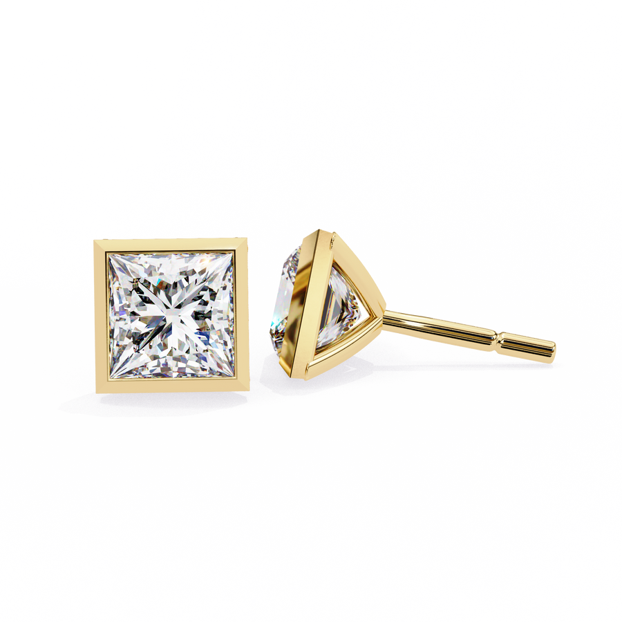 Bezel Set Princess Cut Diamond Stud Earrings in Yellow Gold