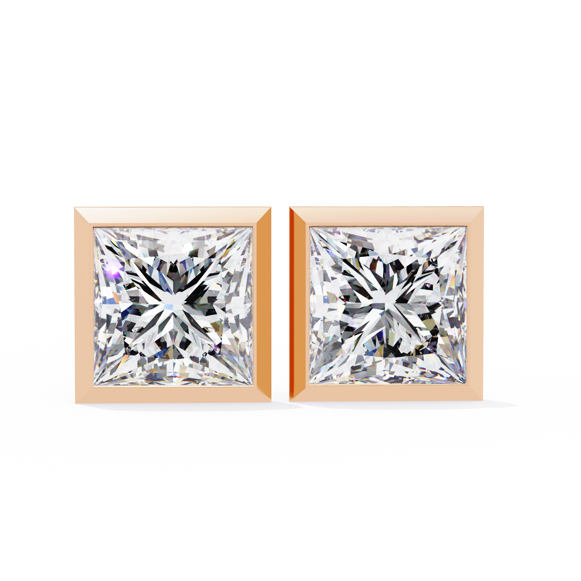 Bezel Set Princess Cut Diamond Stud Earrings in Yellow Gold