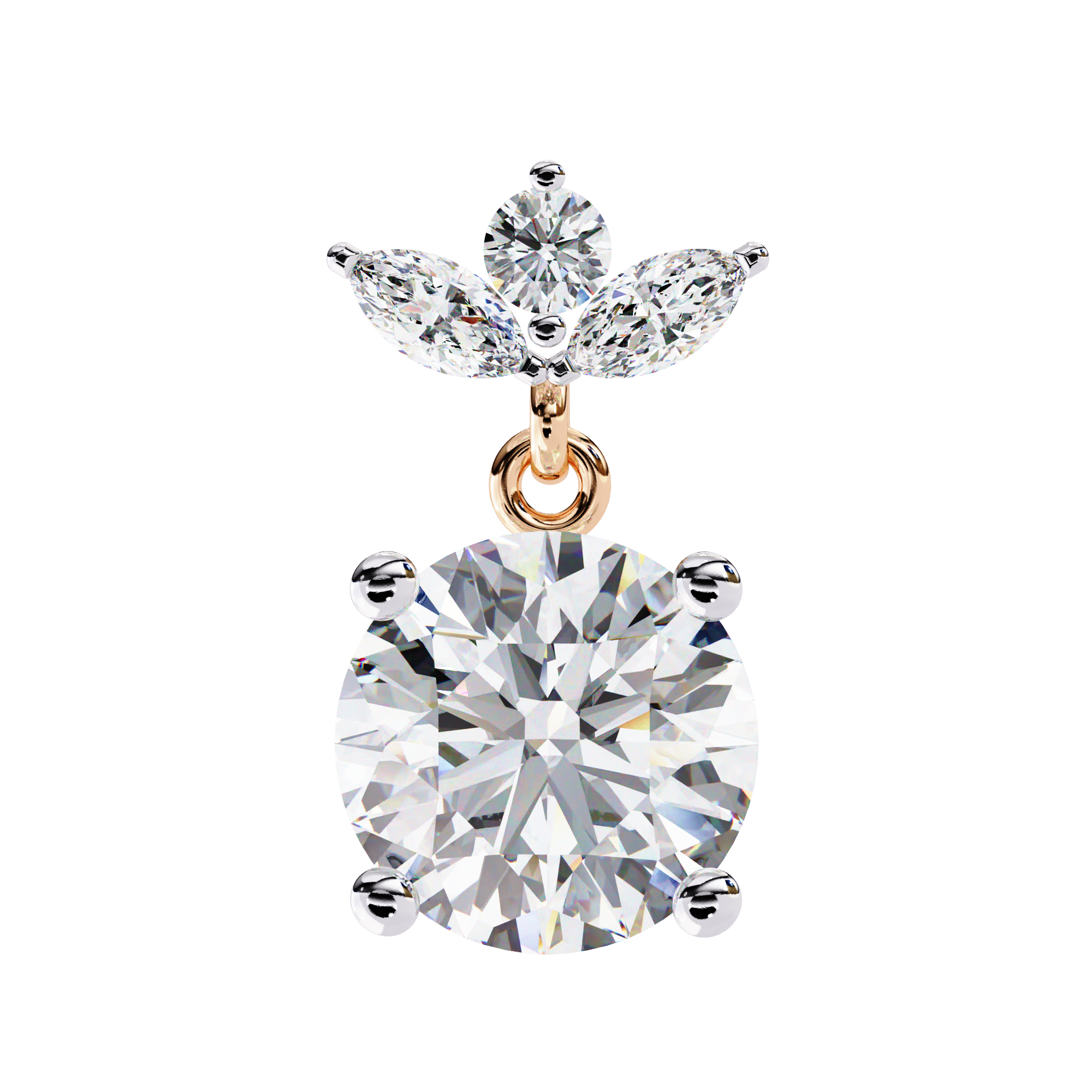 Solitaire Round Diamond Drop Earrings with Marquise Floral Cluster