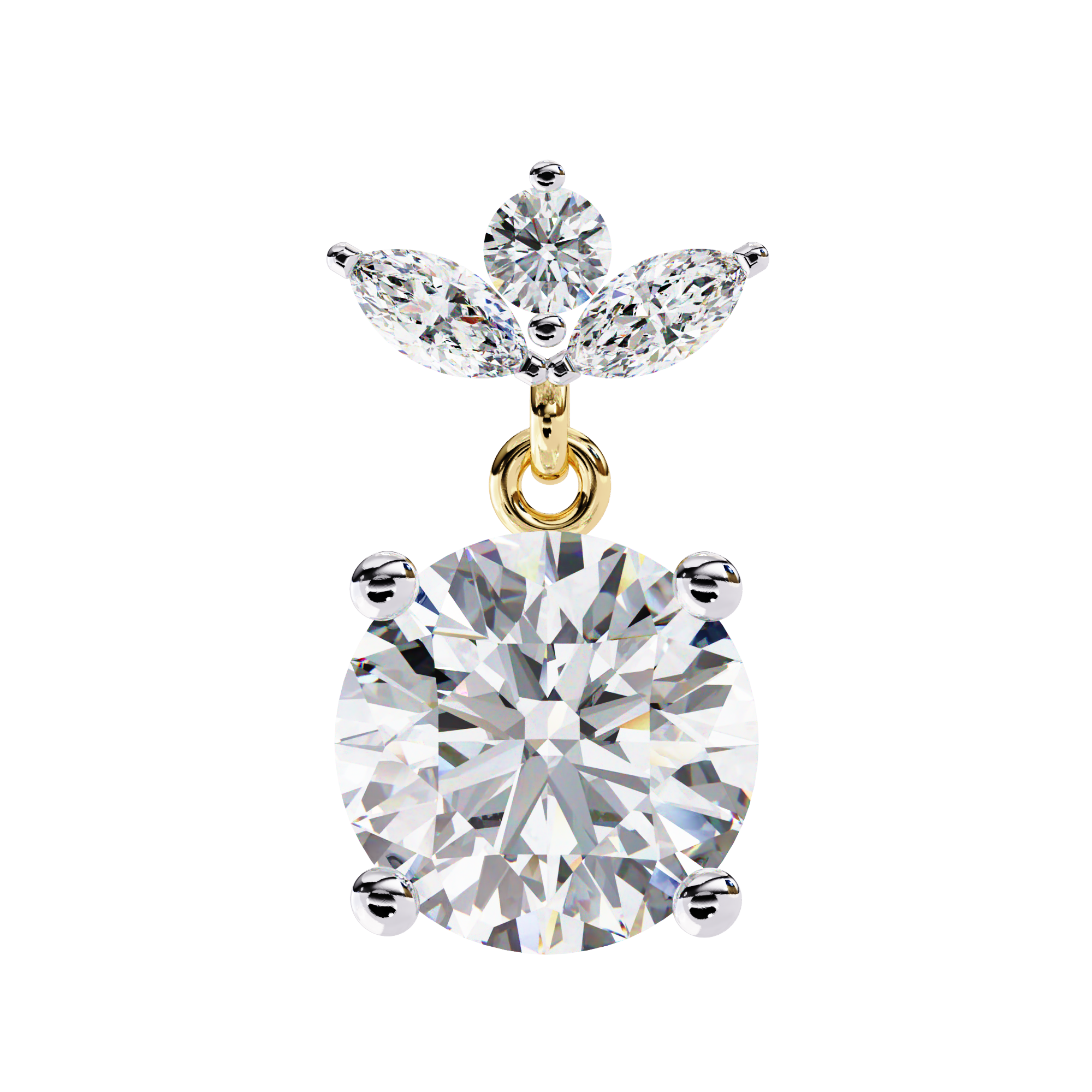 Solitaire Round Diamond Drop Earrings with Marquise Floral Cluster