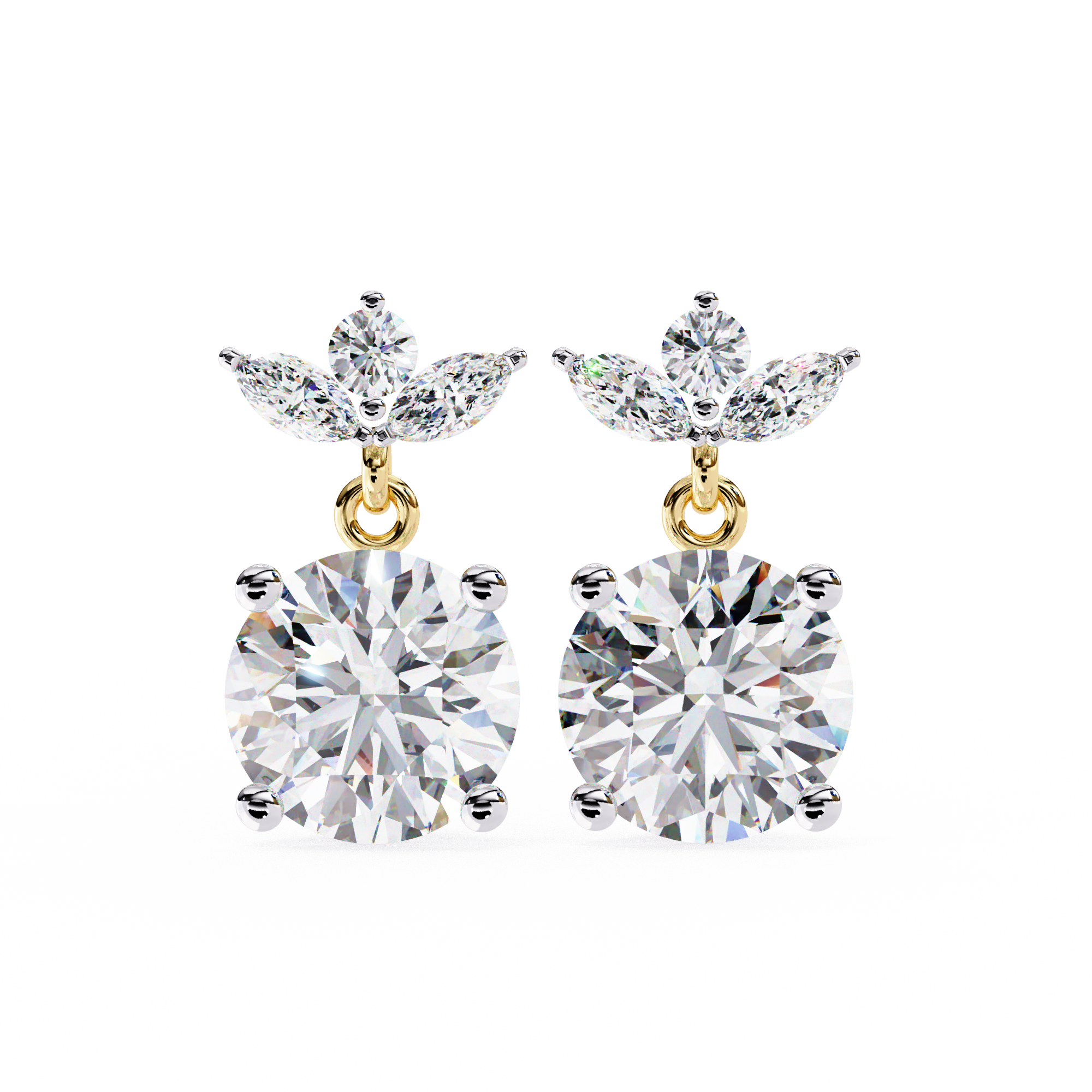 Solitaire Round Diamond Drop Earrings with Marquise Floral Cluster