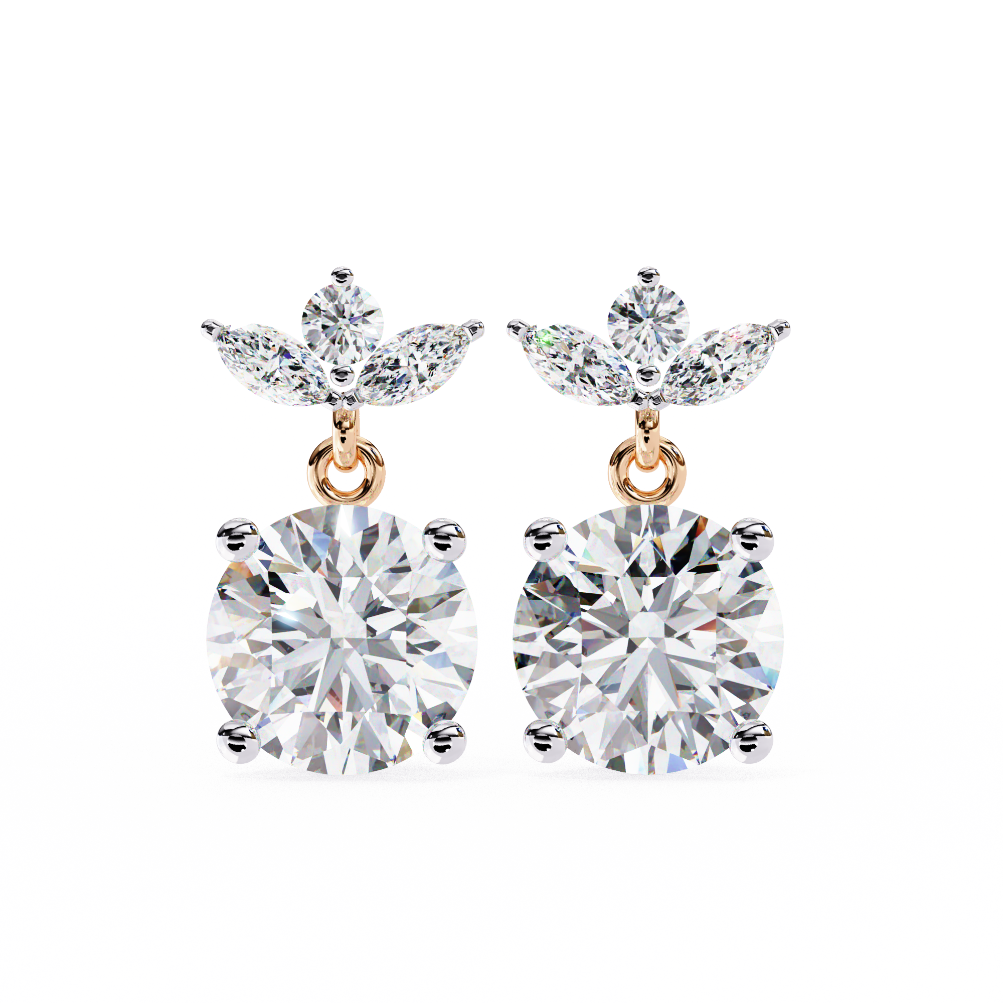Solitaire Round Diamond Drop Earrings with Marquise Floral Cluster