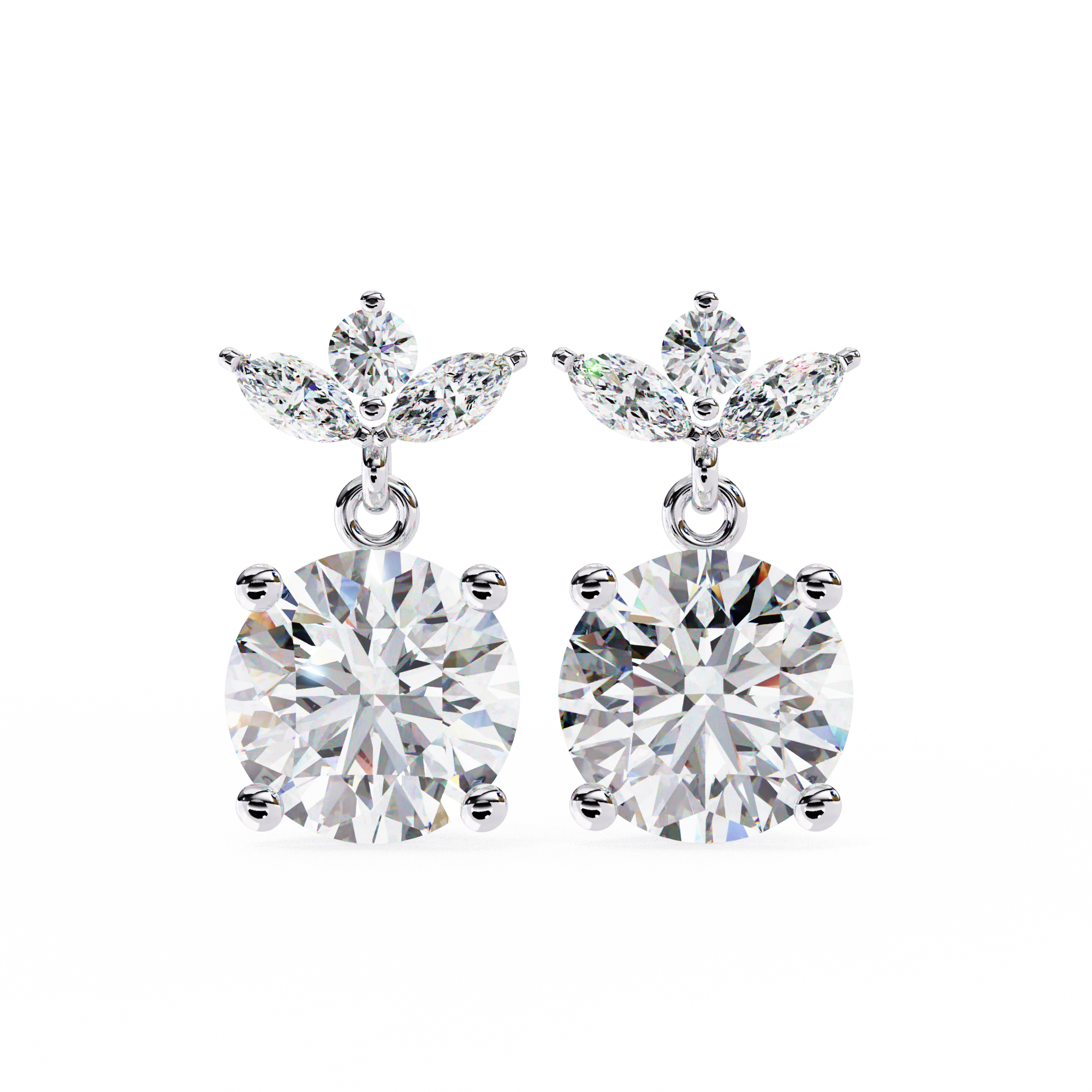 Solitaire Round Diamond Drop Earrings with Marquise Floral Cluster