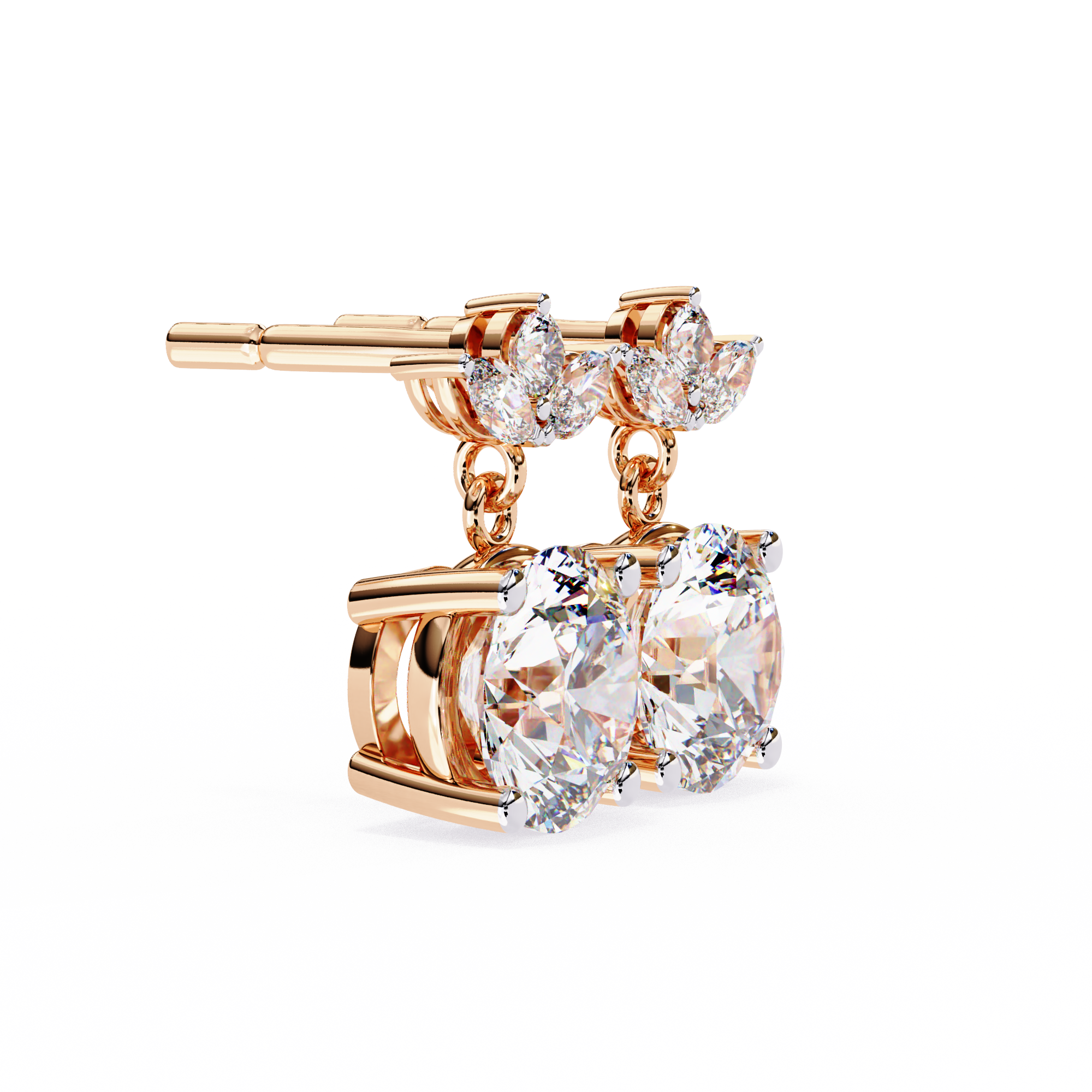Solitaire Round Diamond Drop Earrings with Marquise Floral Cluster
