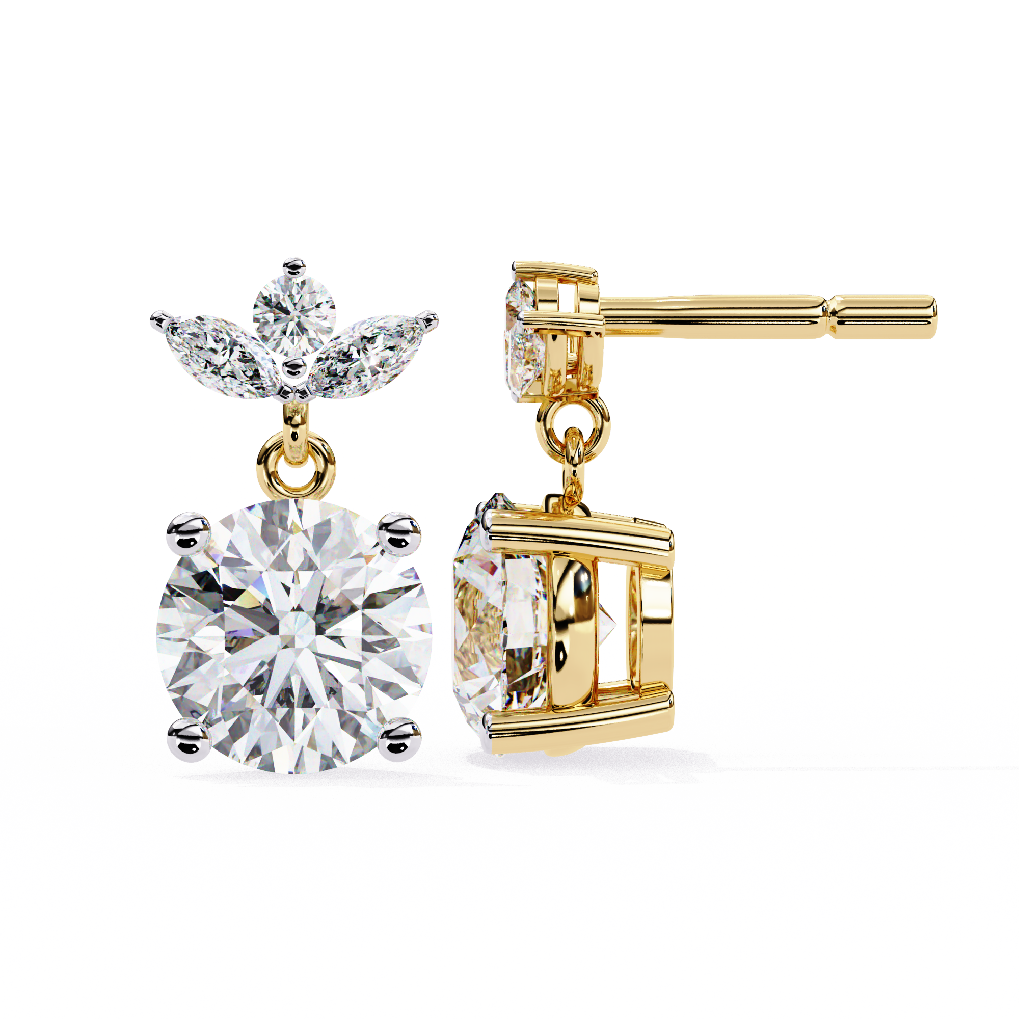 Solitaire Round Diamond Drop Earrings with Marquise Floral Cluster