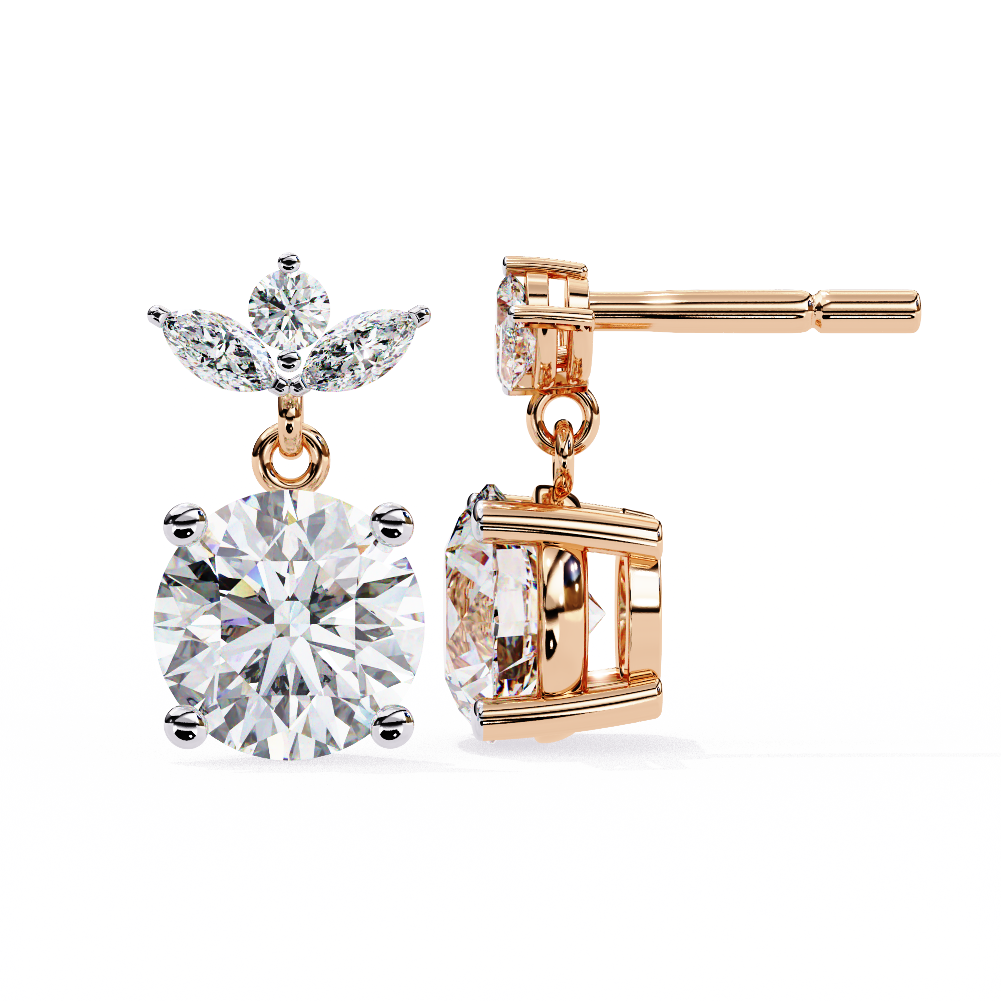 Solitaire Round Diamond Drop Earrings with Marquise Floral Cluster