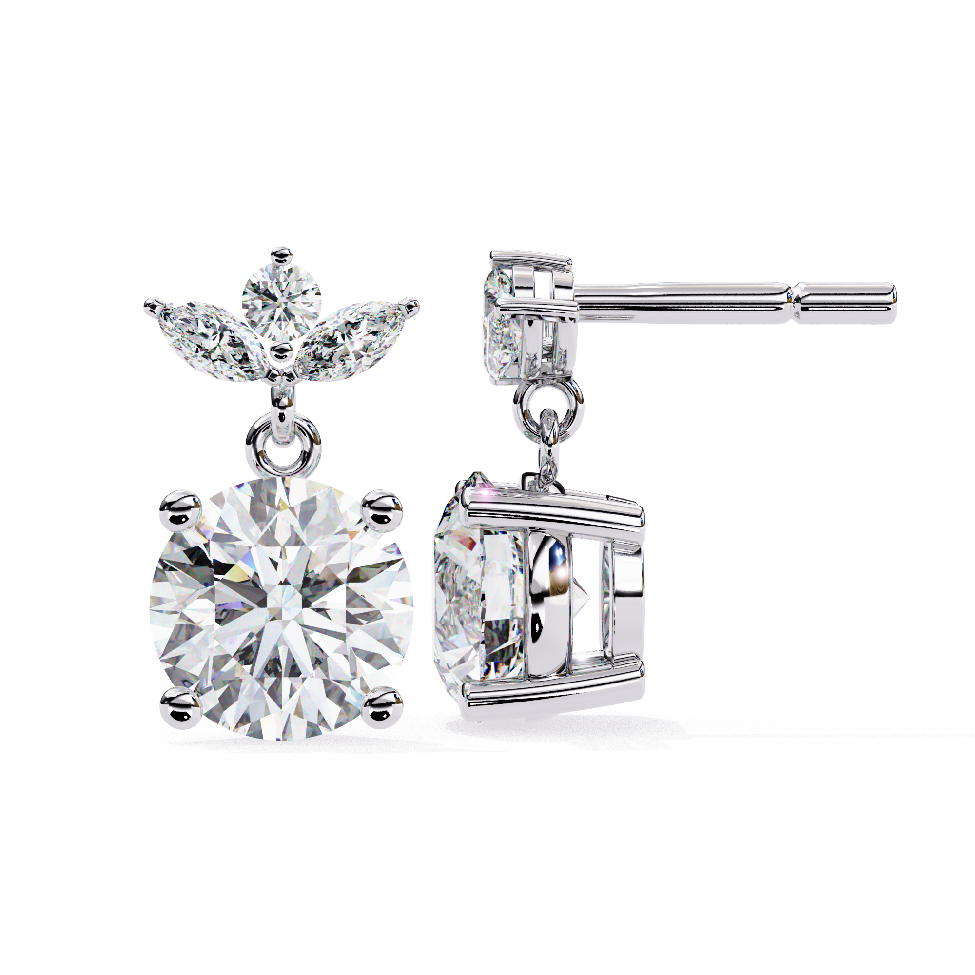 Solitaire Round Diamond Drop Earrings with Marquise Floral Cluster