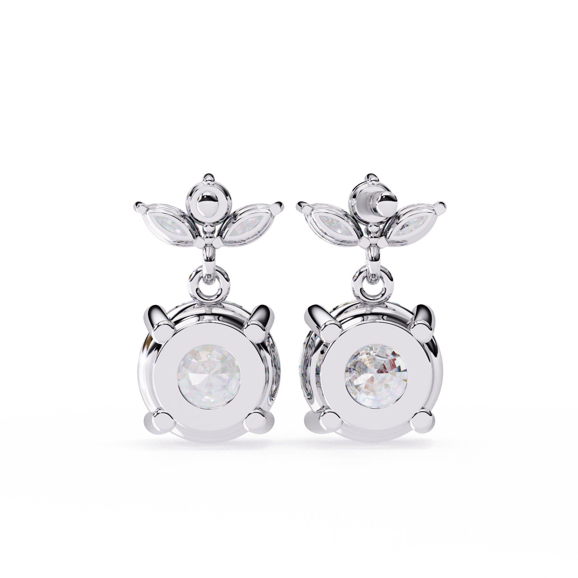 Solitaire Round Diamond Drop Earrings with Marquise Floral Cluster