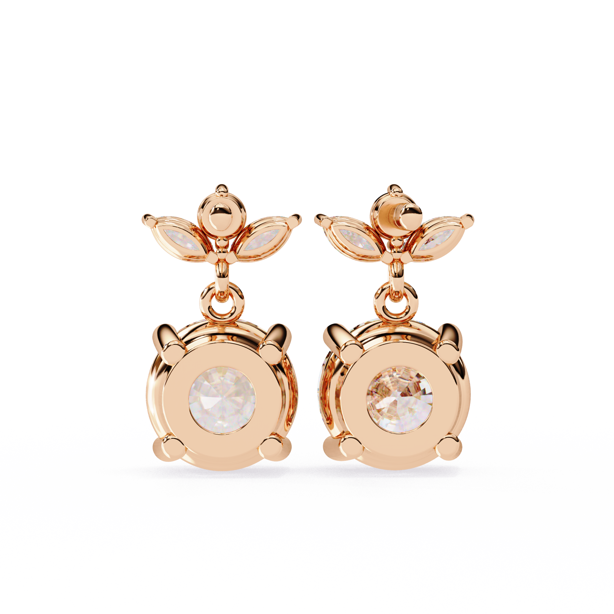 Solitaire Round Diamond Drop Earrings with Marquise Floral Cluster