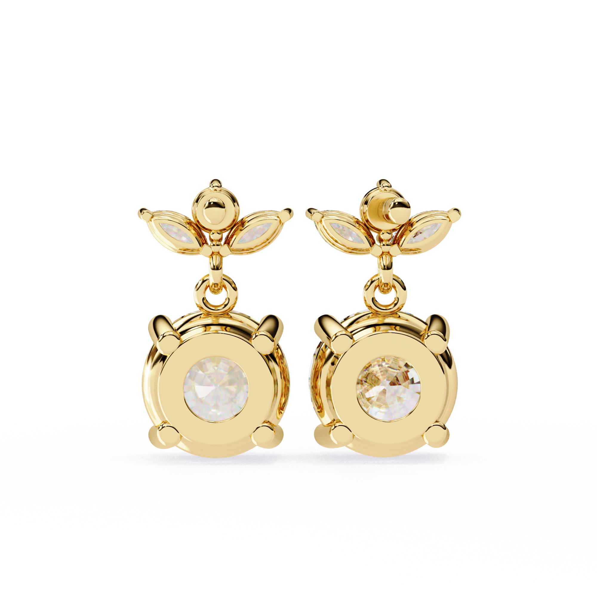 Solitaire Round Diamond Drop Earrings with Marquise Floral Cluster