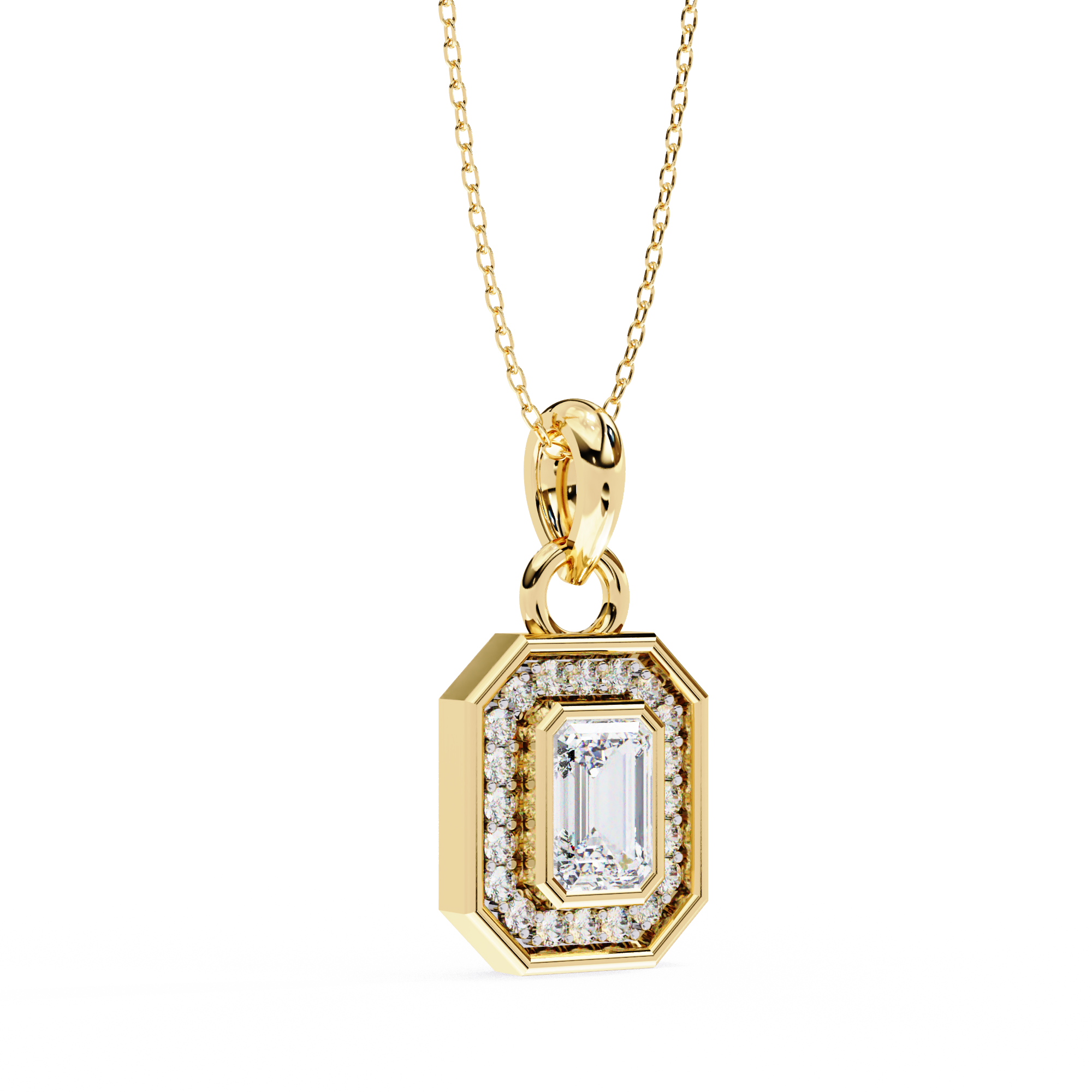 Emerald Cut Diamond Octagonal Halo Pendant Necklace in 18K Yellow Gold with Step-Bezel Frame
