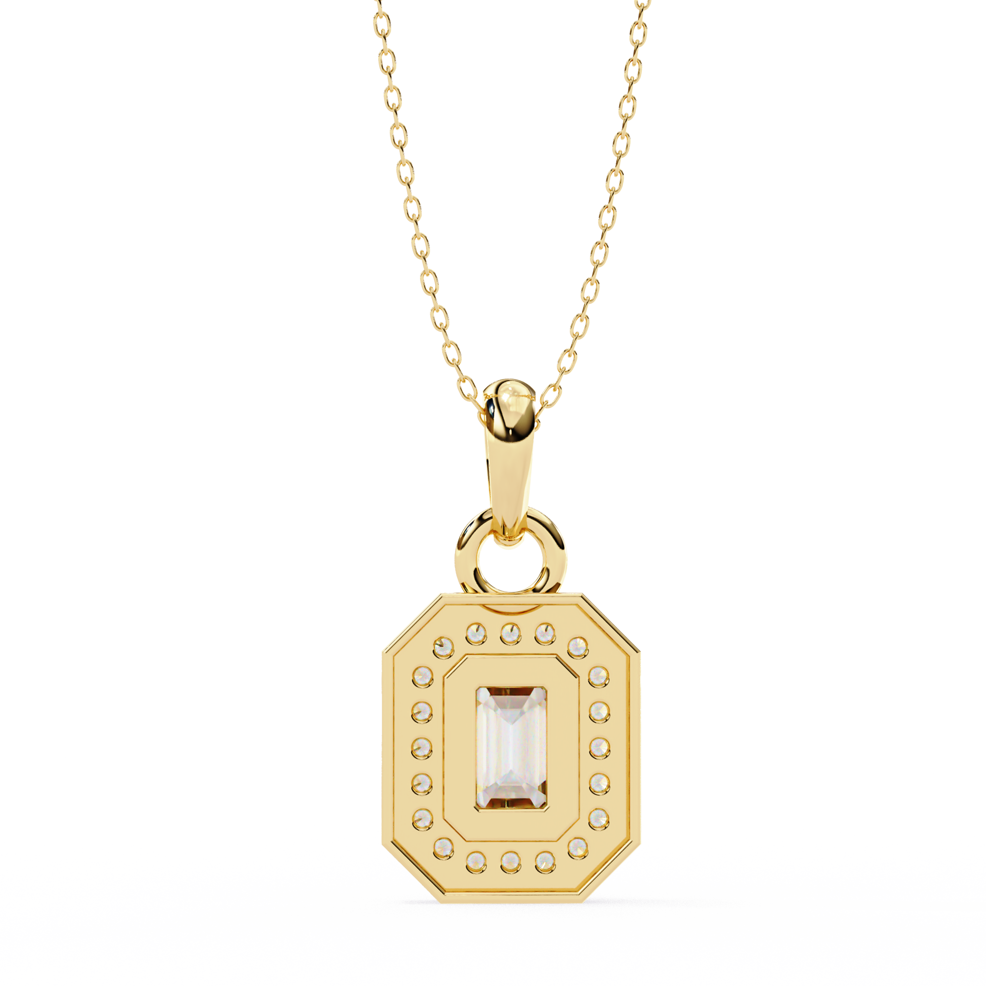 Emerald Cut Diamond Octagonal Halo Pendant Necklace in 18K Yellow Gold with Step-Bezel Frame