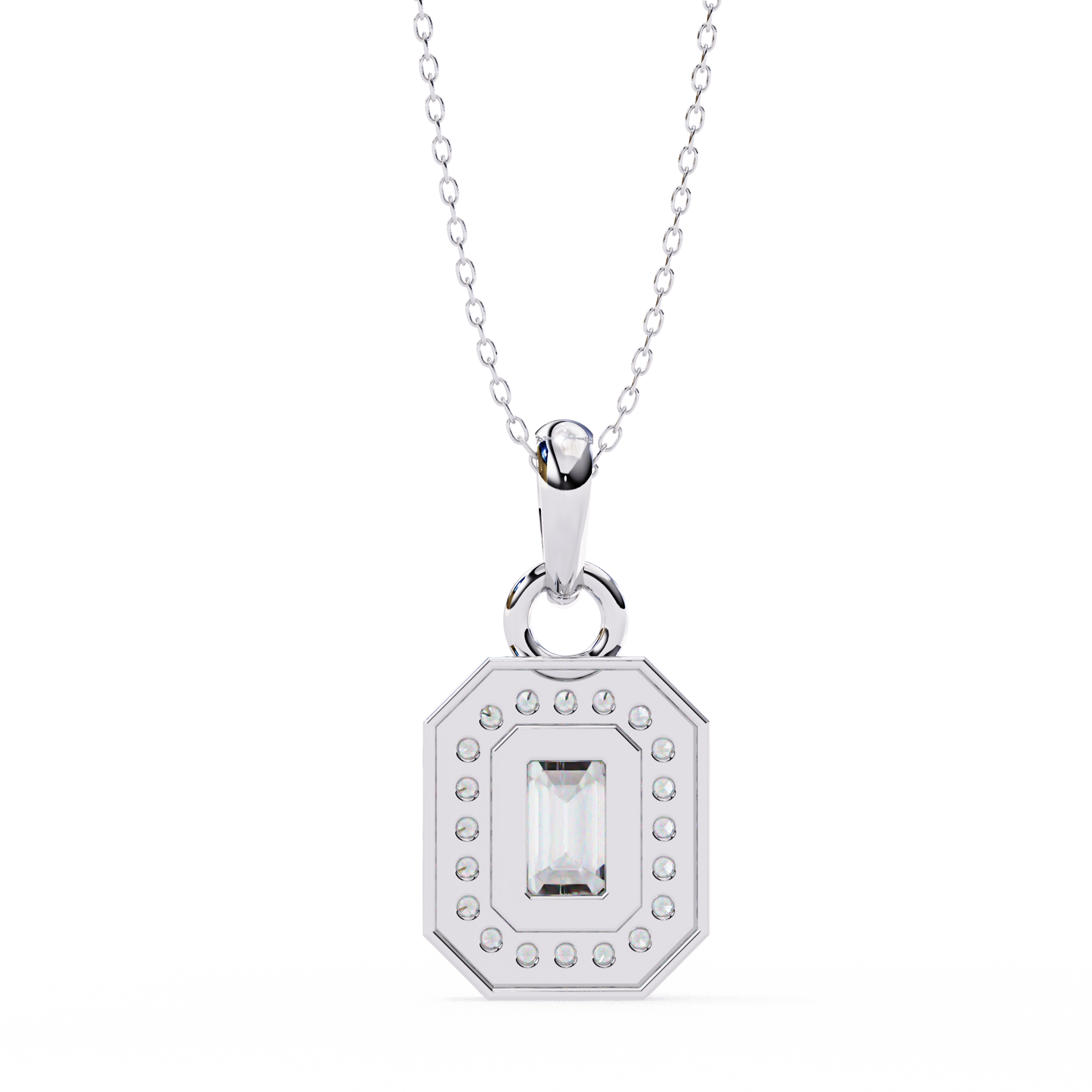 Emerald Cut Diamond Octagonal Halo Pendant Necklace in 18K Yellow Gold with Step-Bezel Frame