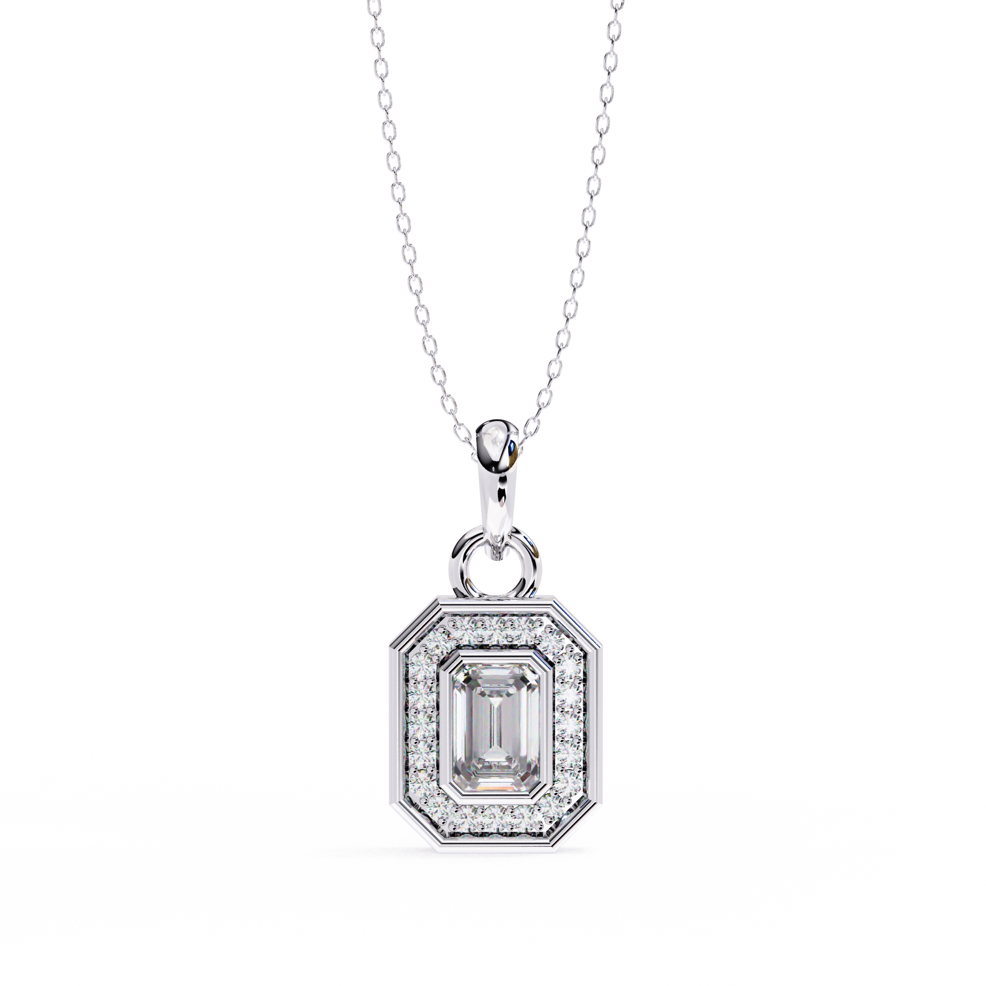 Emerald Cut Diamond Octagonal Halo Pendant Necklace in 18K Yellow Gold with Step-Bezel Frame