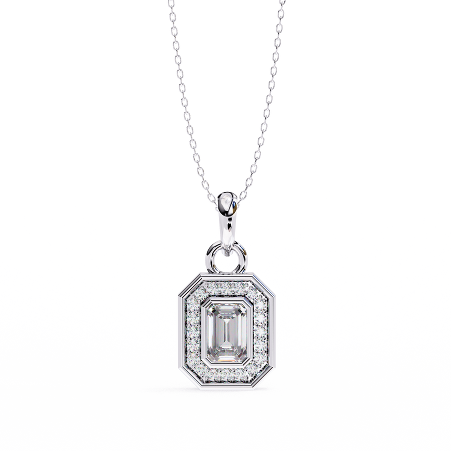 Emerald Cut Diamond Octagonal Halo Pendant Necklace in 18K Yellow Gold with Step-Bezel Frame