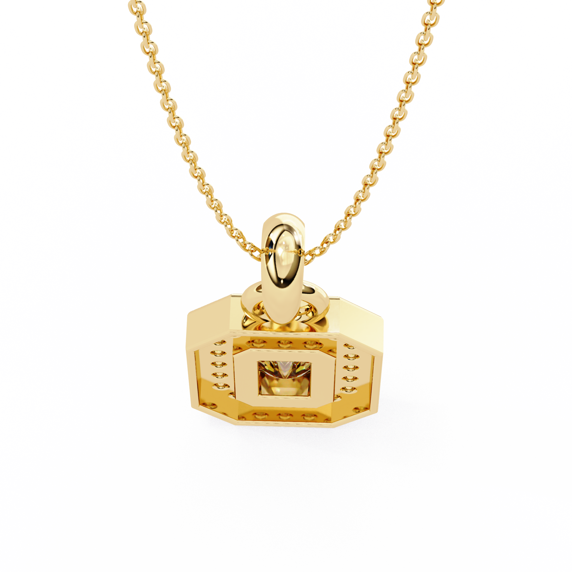 Emerald Cut Diamond Octagonal Halo Pendant Necklace in 18K Yellow Gold with Step-Bezel Frame