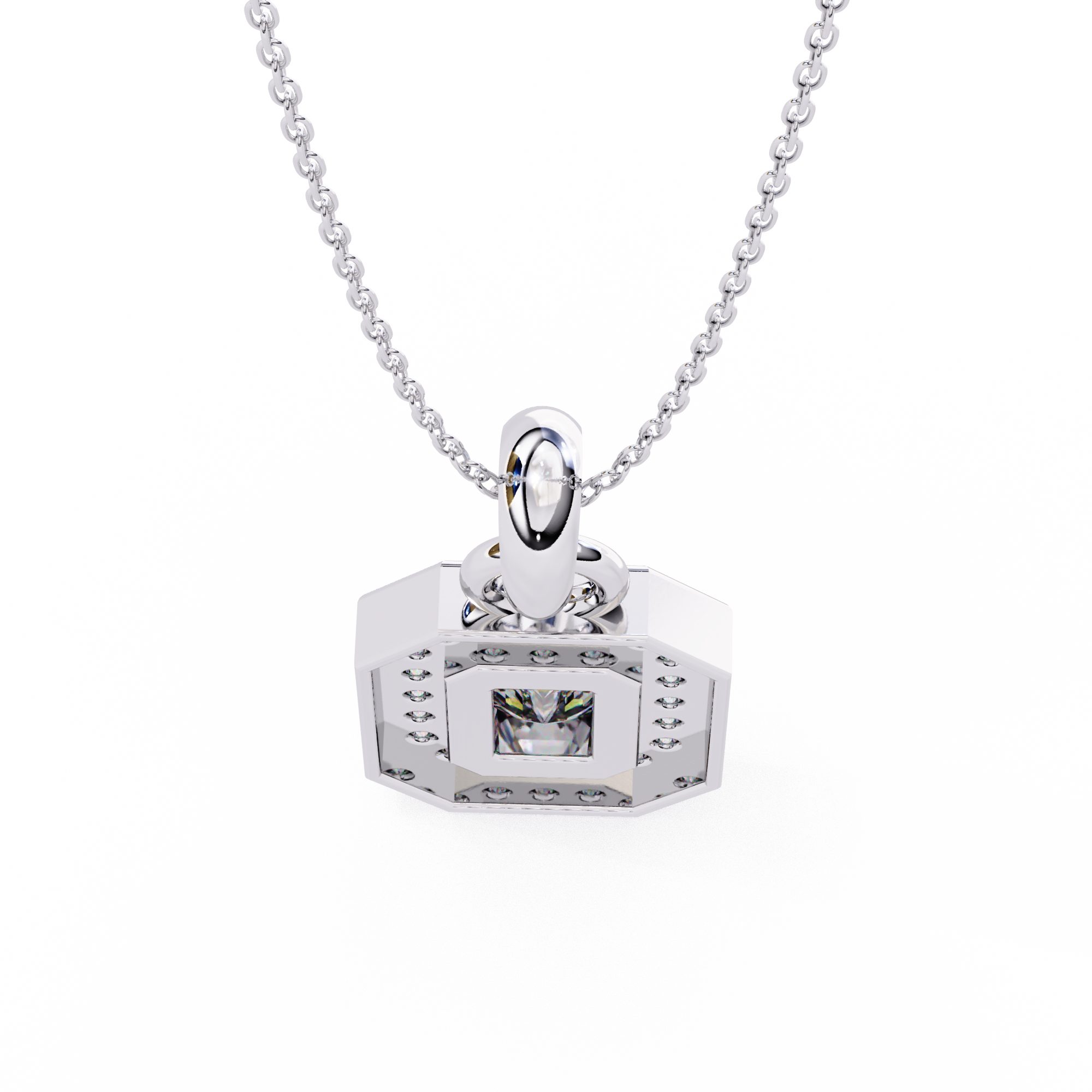 Emerald Cut Diamond Octagonal Halo Pendant Necklace in 18K Yellow Gold with Step-Bezel Frame