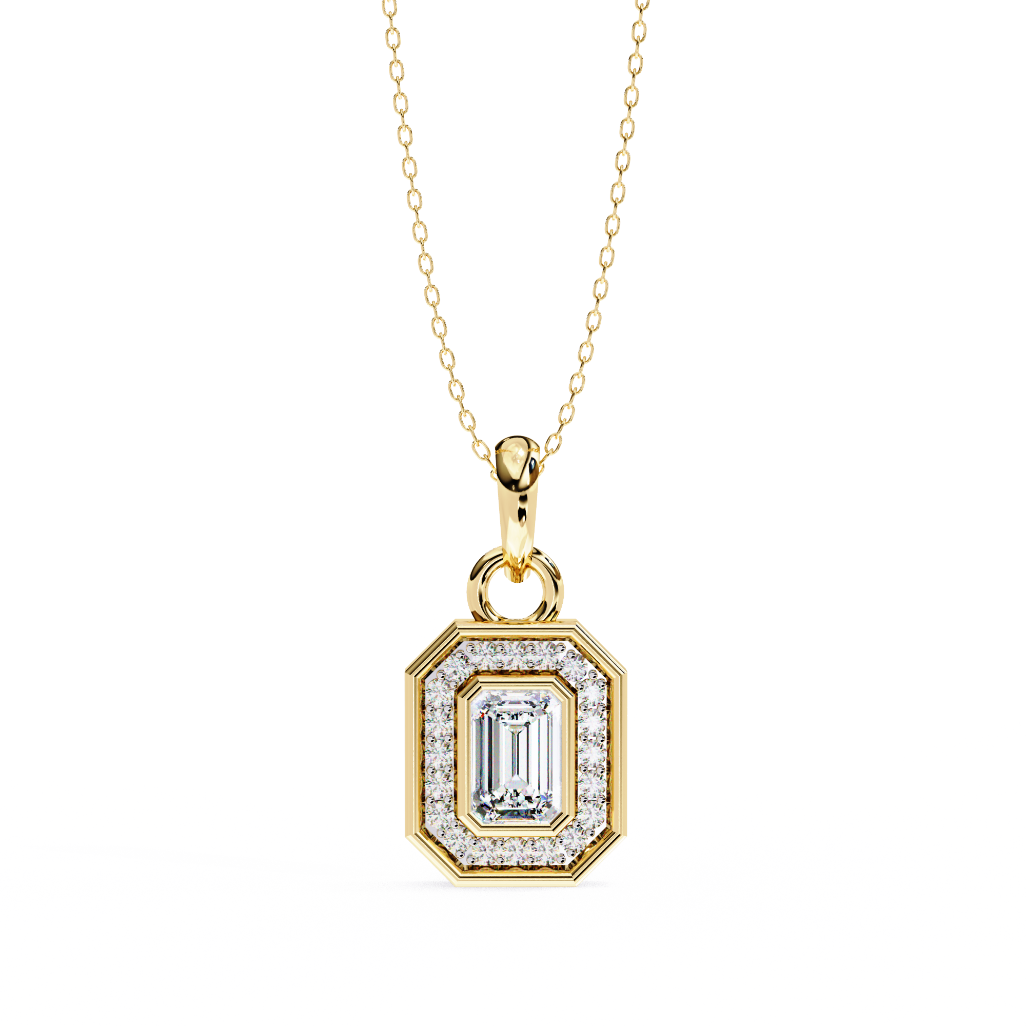 Emerald Cut Diamond Octagonal Halo Pendant Necklace in 18K Yellow Gold with Step-Bezel Frame