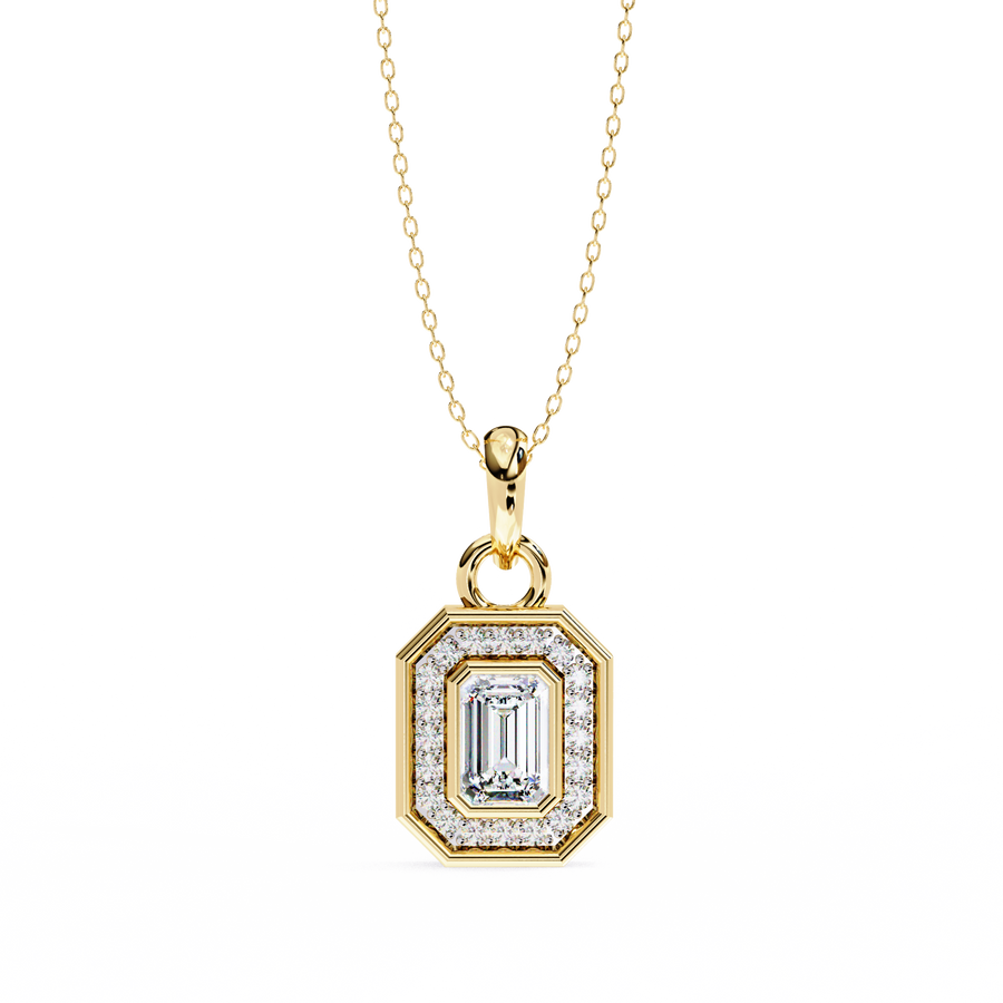 Emerald Cut Diamond Octagonal Halo Pendant Necklace in 18K Yellow Gold with Step-Bezel Frame