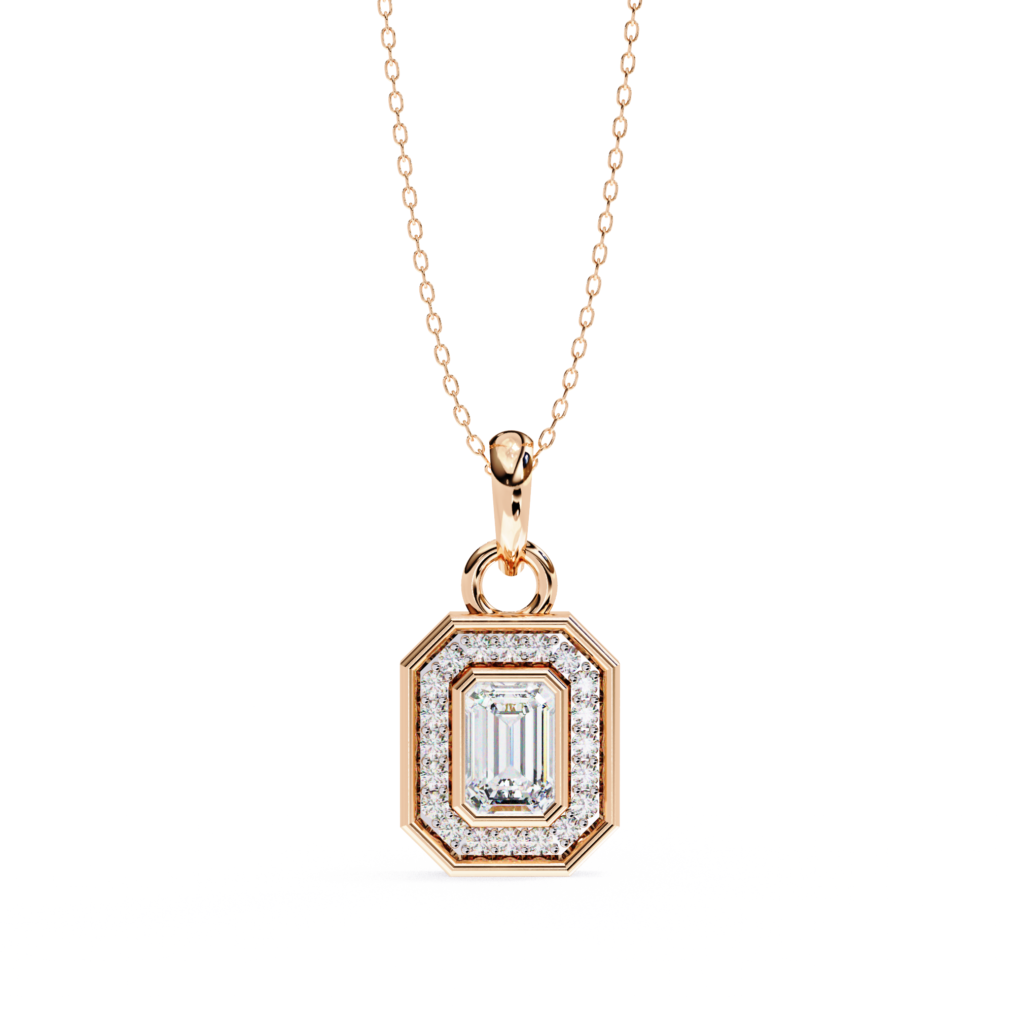 Emerald Cut Diamond Octagonal Halo Pendant Necklace in 18K Yellow Gold with Step-Bezel Frame