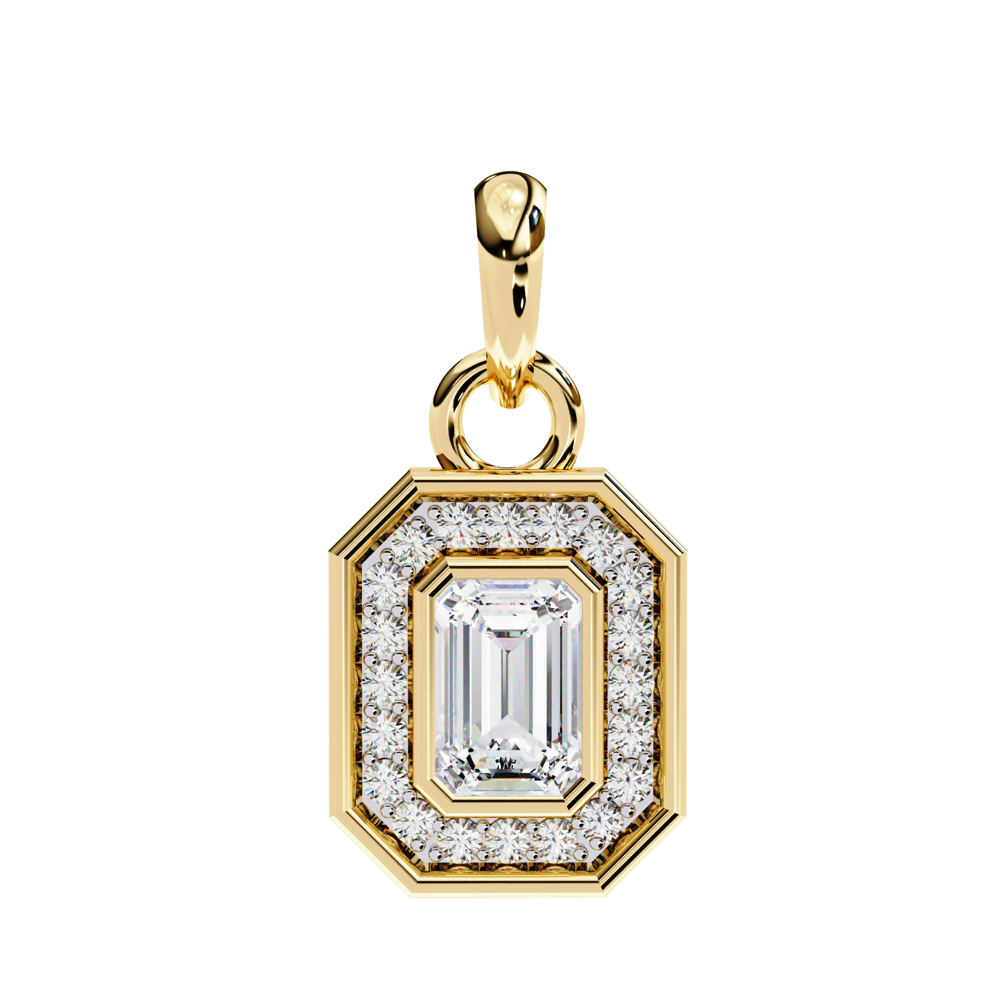 Emerald Cut Diamond Octagonal Halo Pendant Necklace in 18K Yellow Gold with Step-Bezel Frame