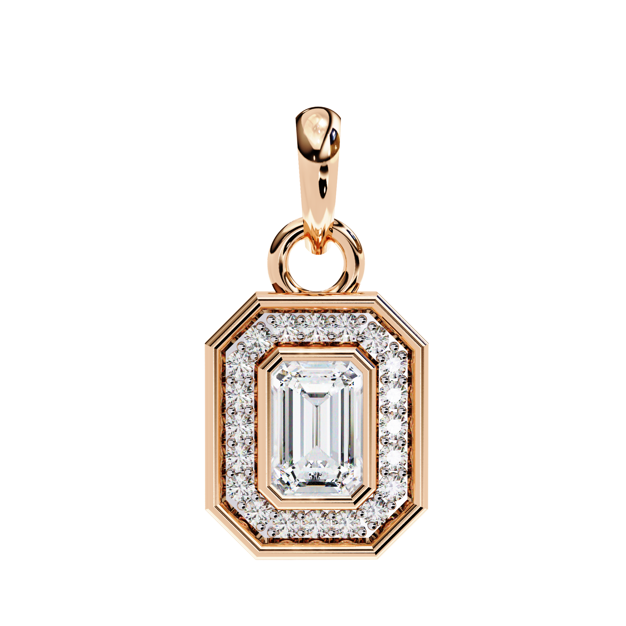 Emerald Cut Diamond Octagonal Halo Pendant Necklace in 18K Yellow Gold with Step-Bezel Frame