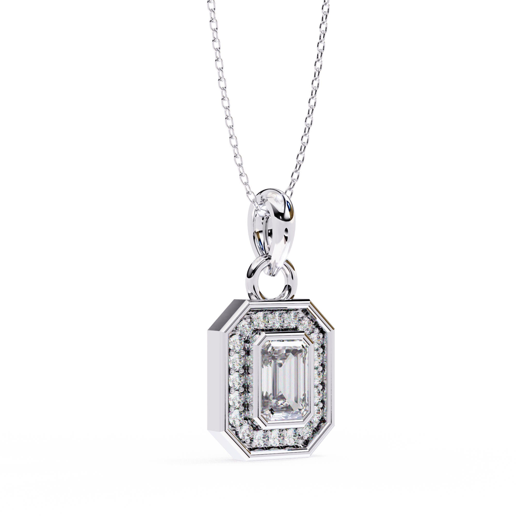 Emerald Cut Diamond Octagonal Halo Pendant Necklace in 18K Yellow Gold with Step-Bezel Frame