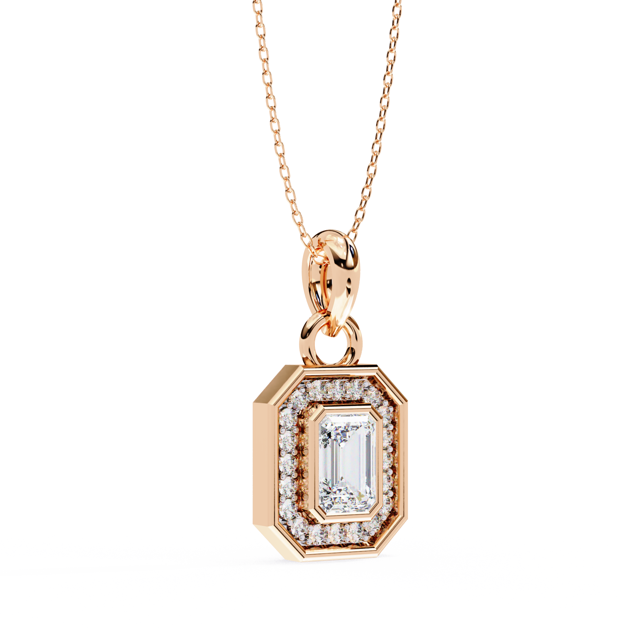 Emerald Cut Diamond Octagonal Halo Pendant Necklace in 18K Yellow Gold with Step-Bezel Frame