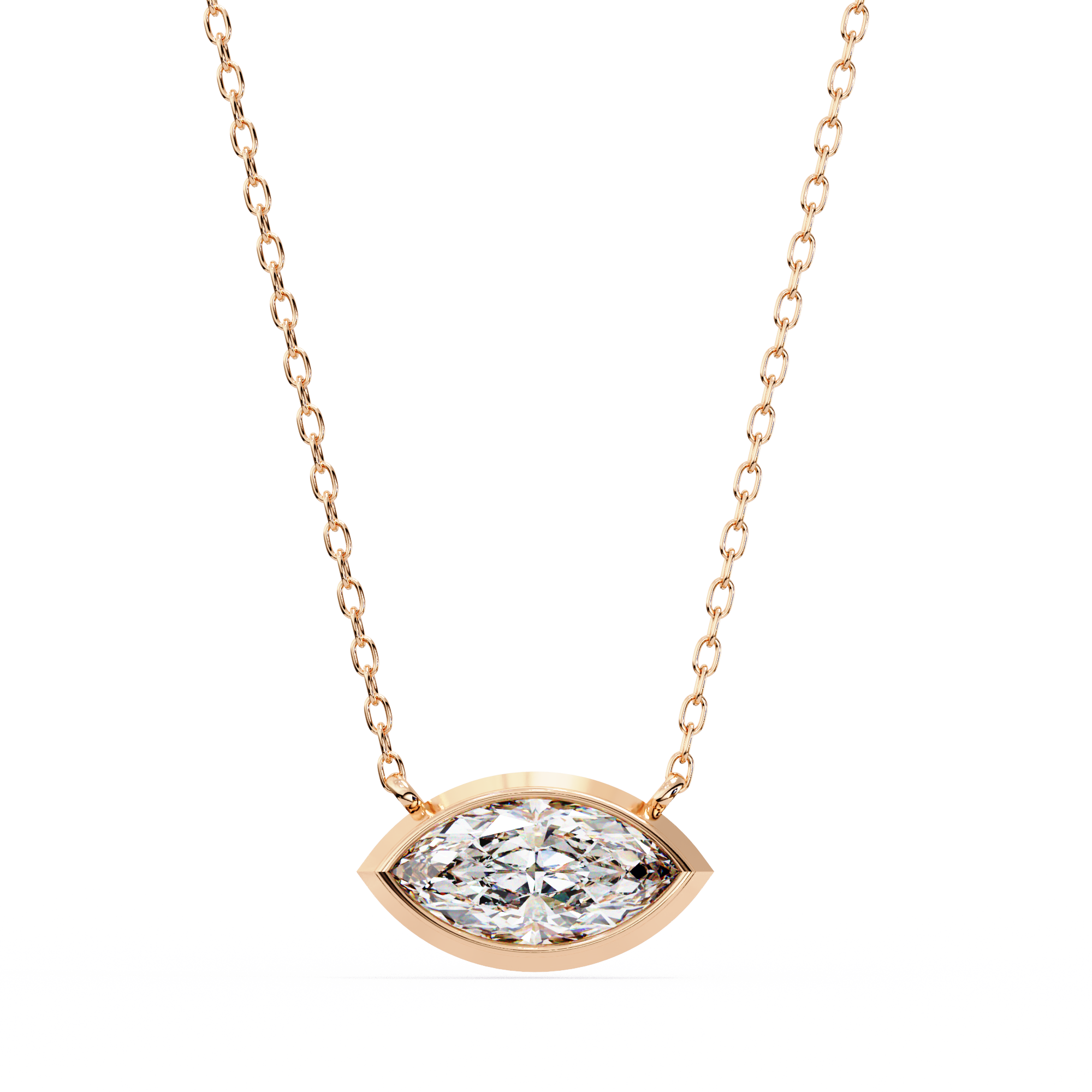 Modern Bezel-Set Marquise Diamond Necklace, Minimalist Horizontal Gold Pendant