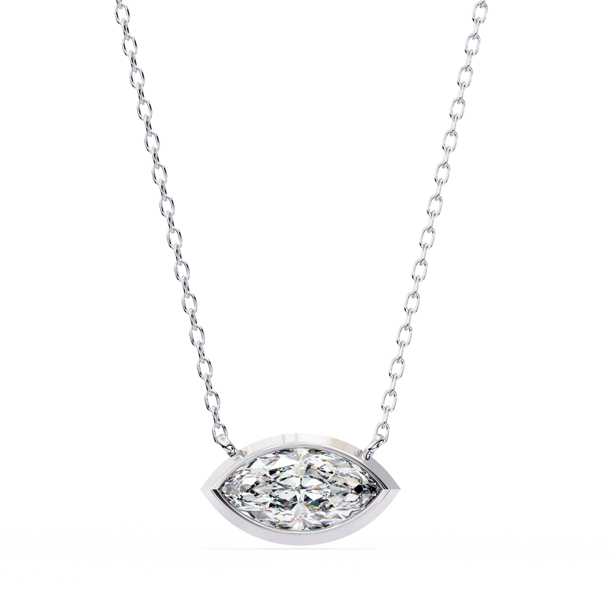 Modern Bezel-Set Marquise Diamond Necklace, Minimalist Horizontal Gold Pendant