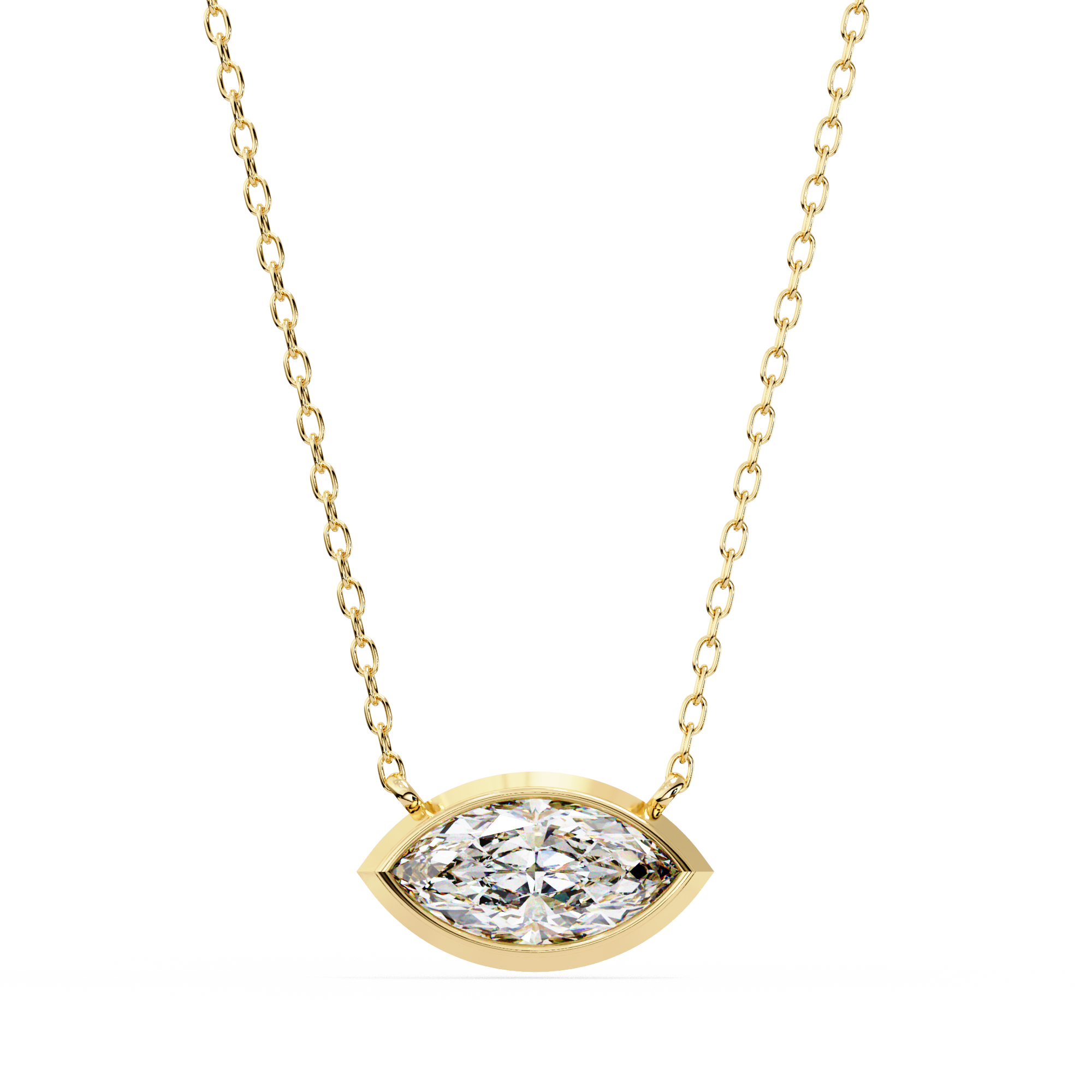 Modern Bezel-Set Marquise Diamond Necklace, Minimalist Horizontal Gold Pendant
