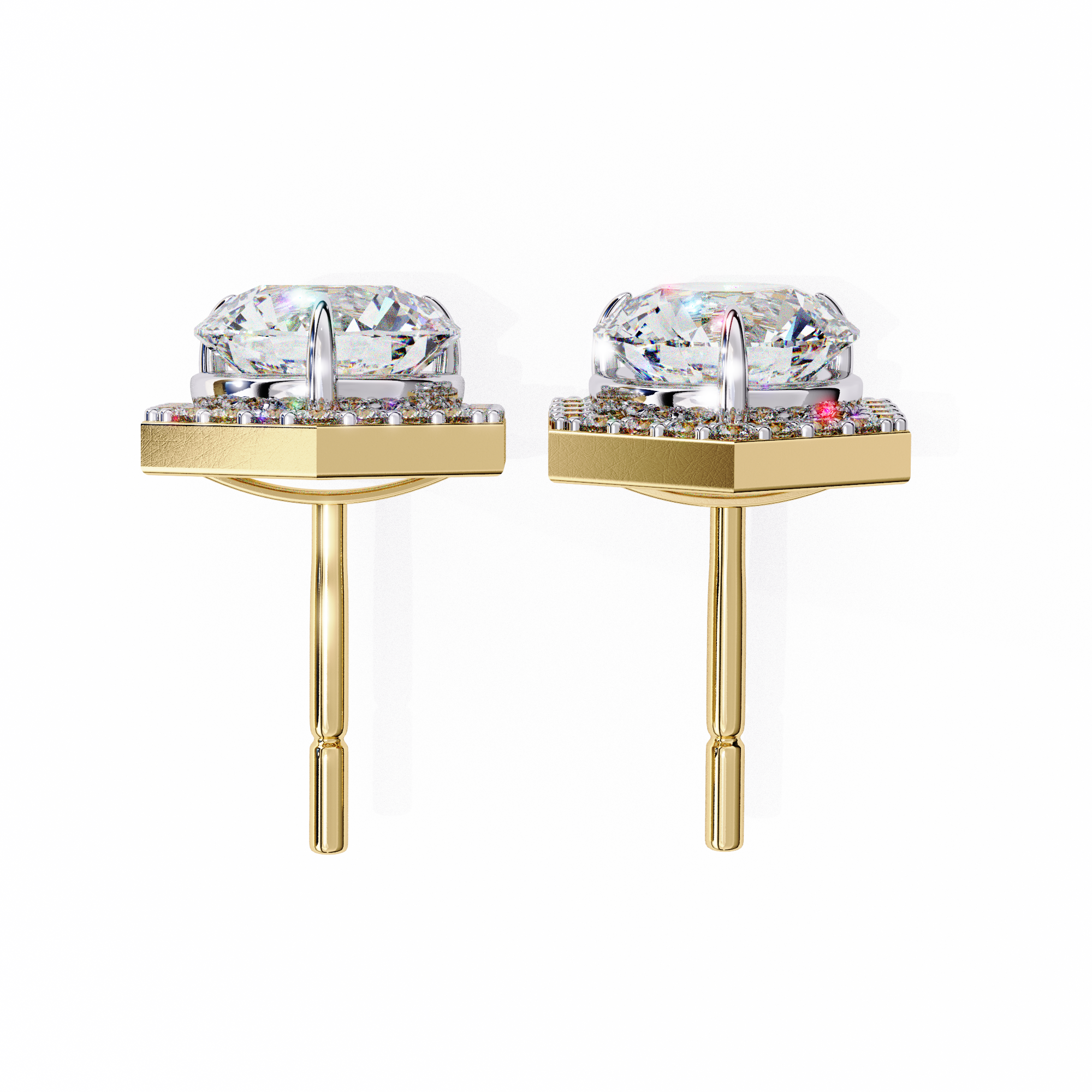 Round Diamond Modern Hexagonal Shaped Diamond Halo Stud Earrings