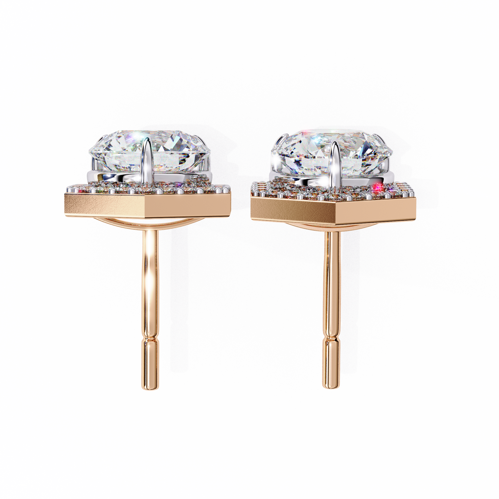 Round Diamond Modern Hexagonal Shaped Diamond Halo Stud Earrings