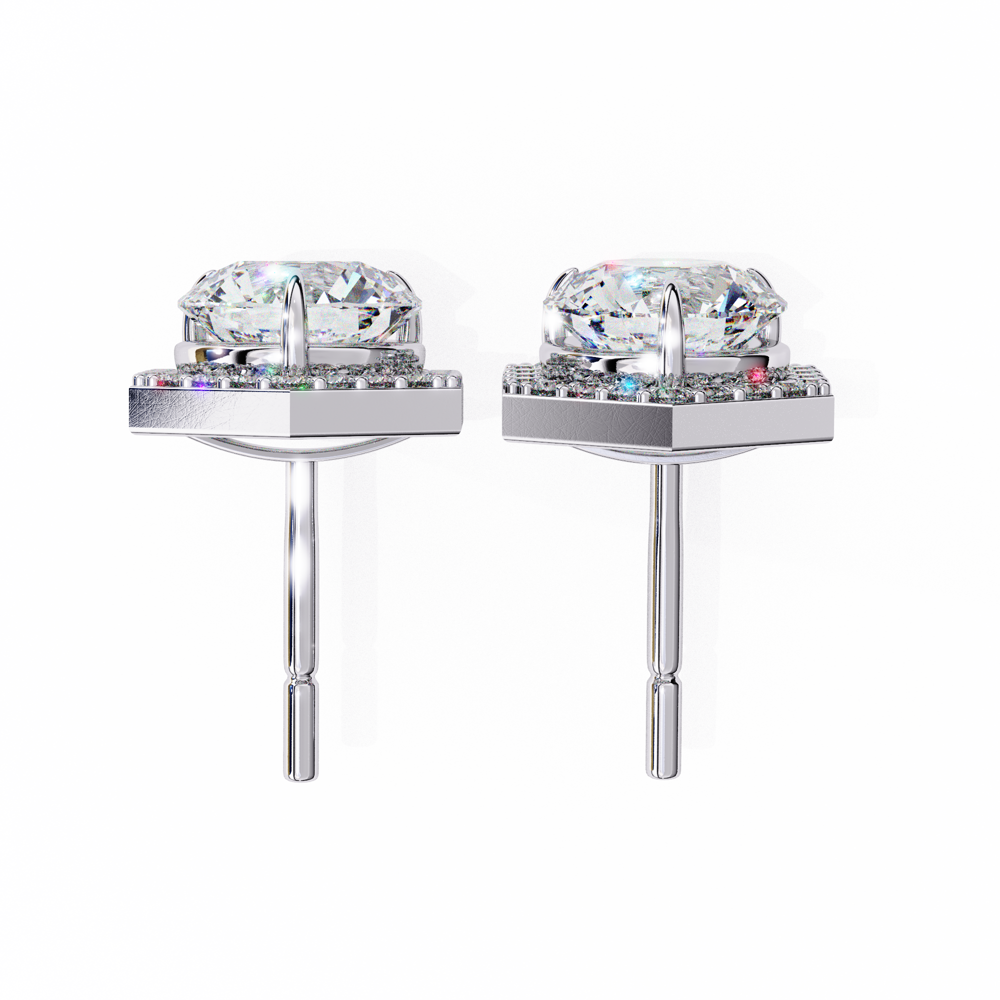 Round Diamond Modern Hexagonal Shaped Diamond Halo Stud Earrings