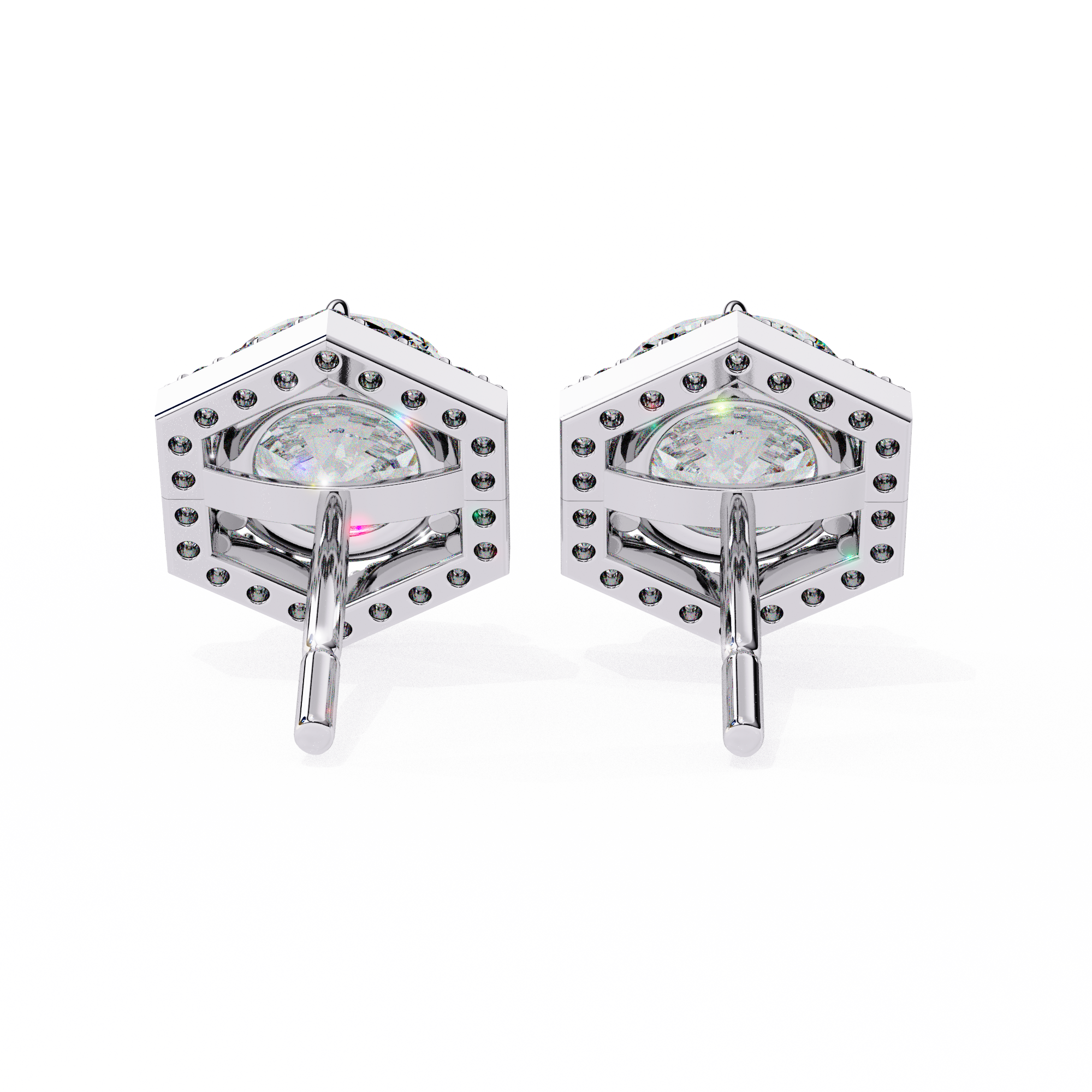Round Diamond Modern Hexagonal Shaped Diamond Halo Stud Earrings