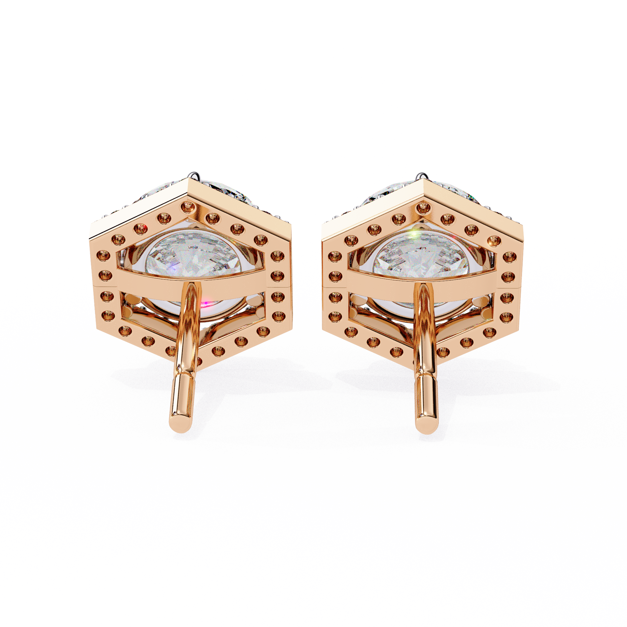 Round Diamond Modern Hexagonal Shaped Diamond Halo Stud Earrings