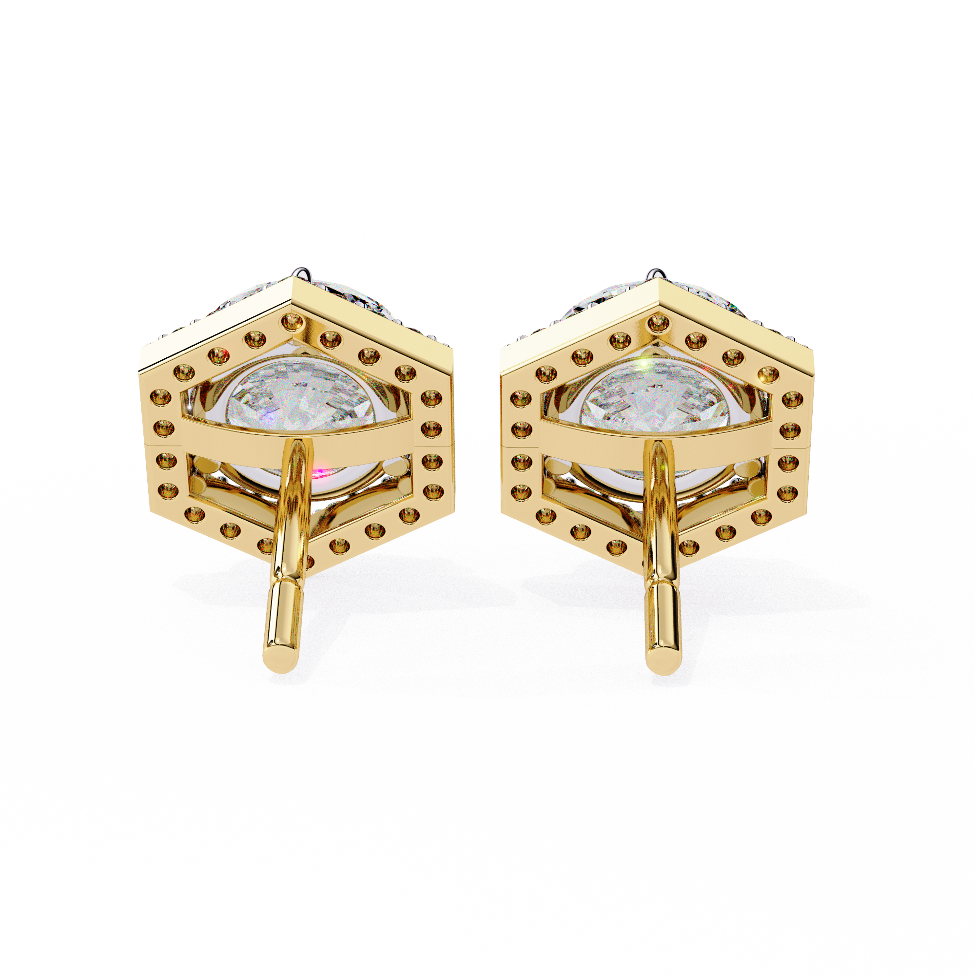 Round Diamond Modern Hexagonal Shaped Diamond Halo Stud Earrings